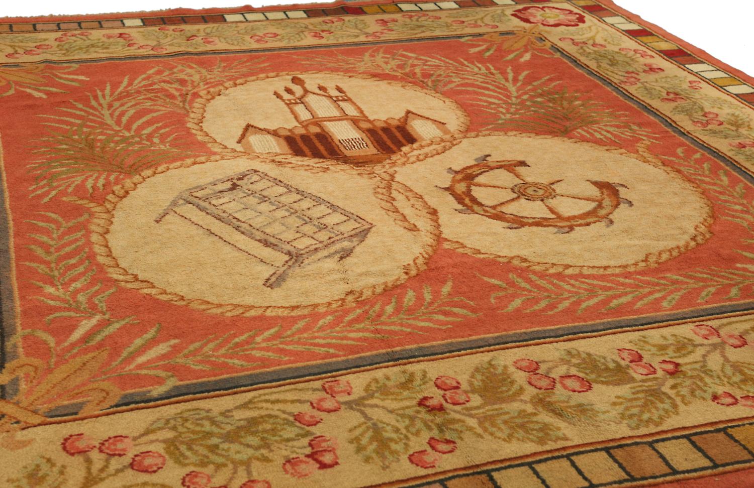 Other Circa 1940 Vintage European Wool Rug with Medallion For Sale