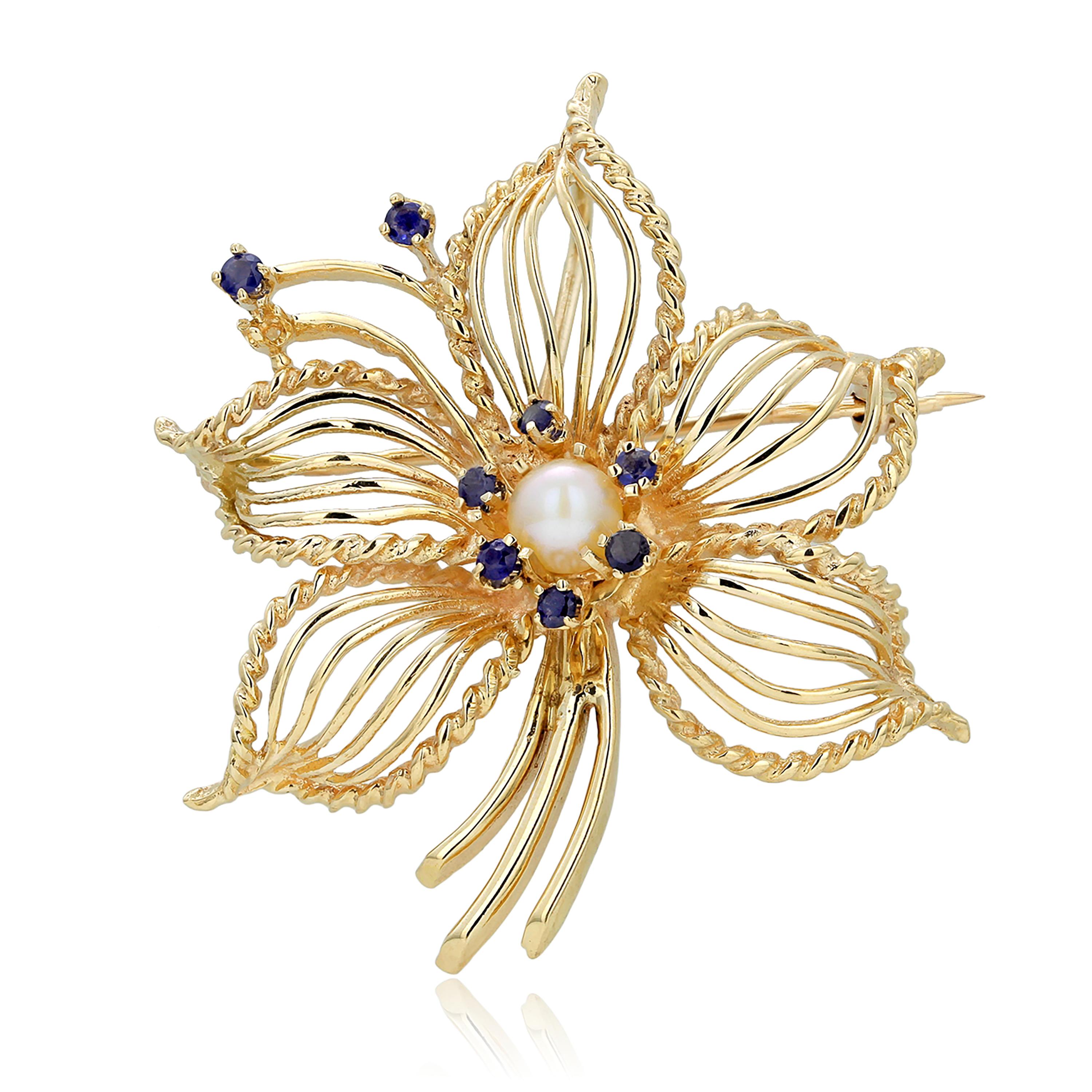 Retro  Circa 1940 Vintage Sapphire and Pearl Convertible Yellow Gold Pendant Brooch