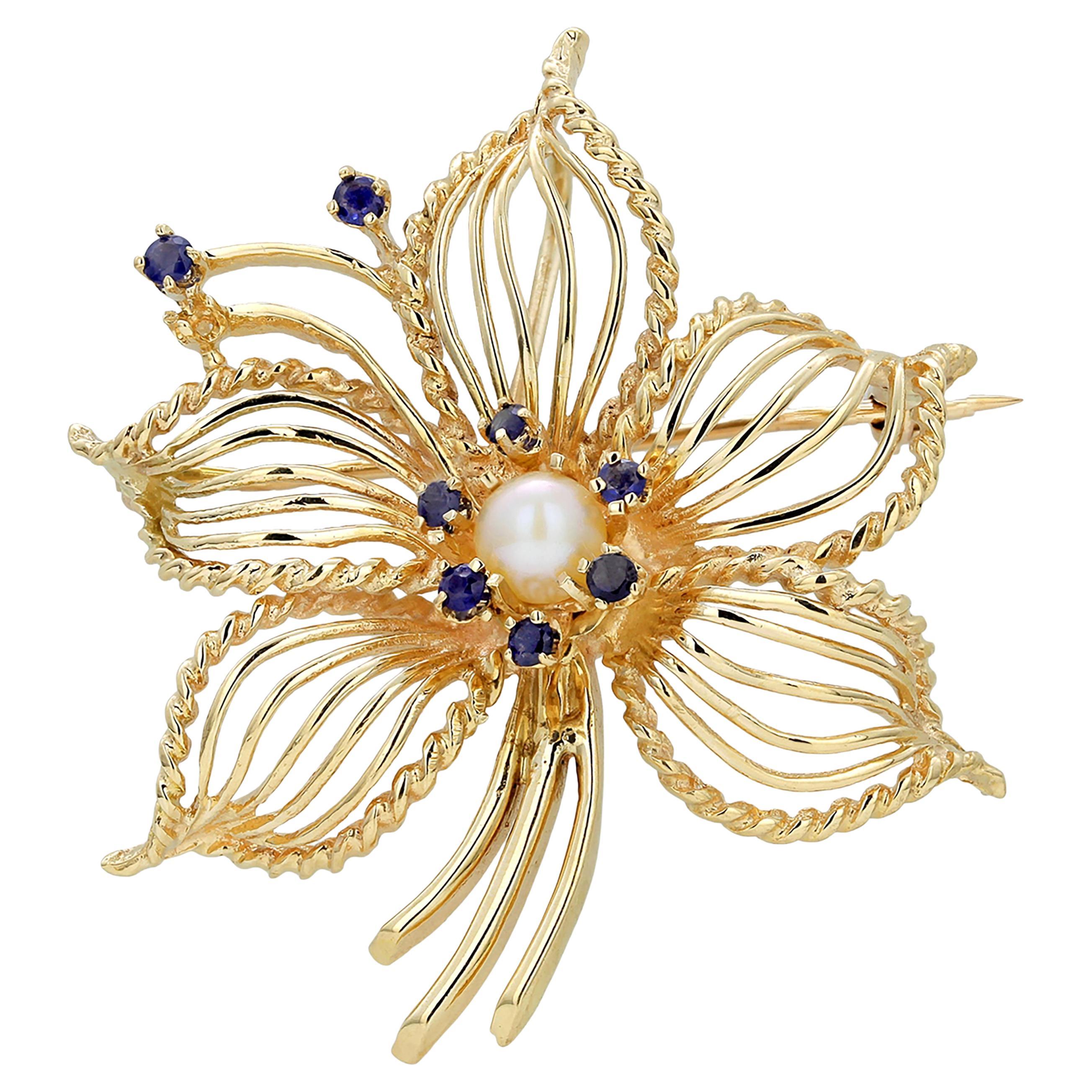  Circa 1940 Vintage Sapphire and Pearl Convertible Yellow Gold Pendant Brooch