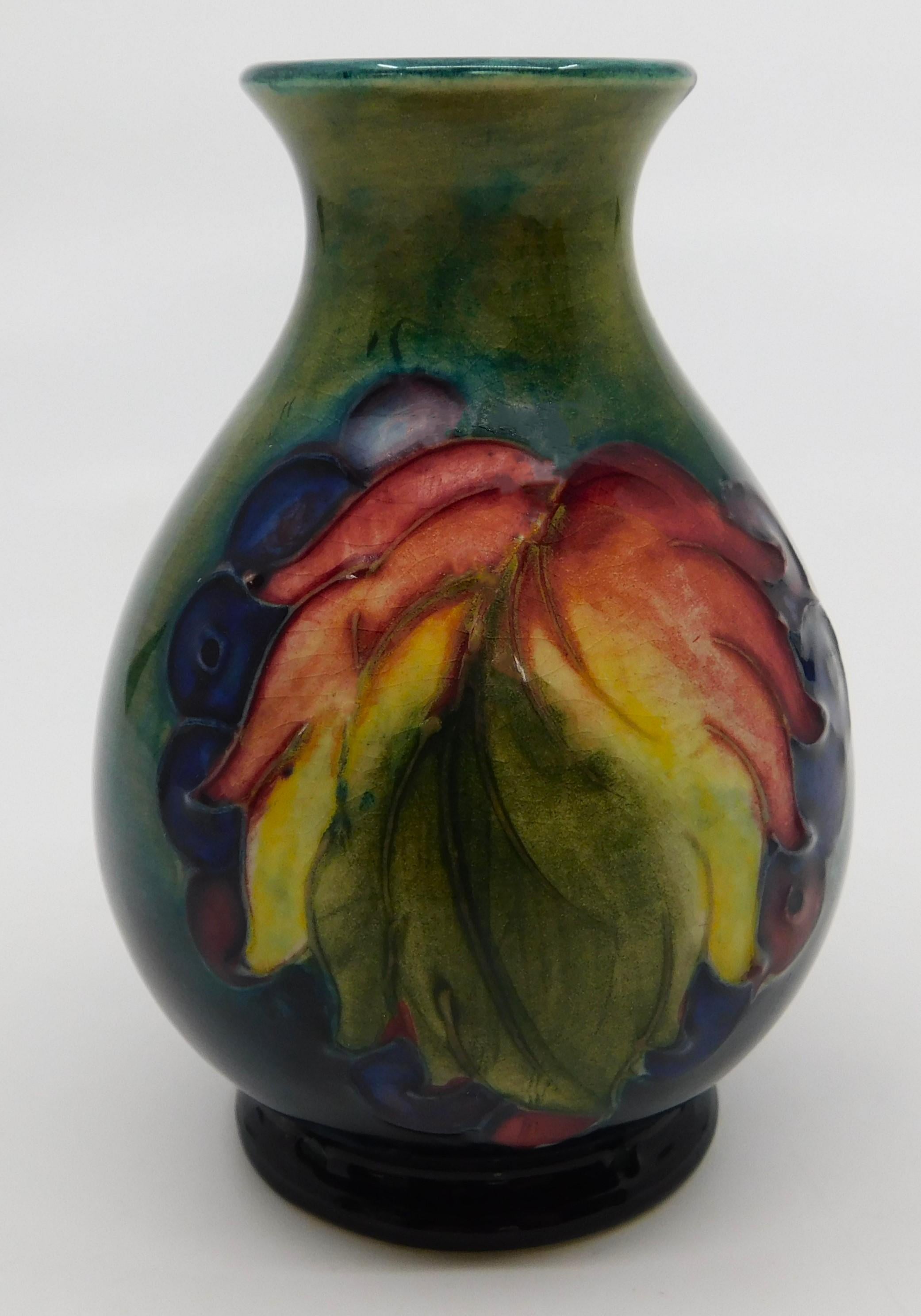 Circa 1940 William Moorcroft Leaf and Berry Cobalt Art Pottery Vase England For Sale 3