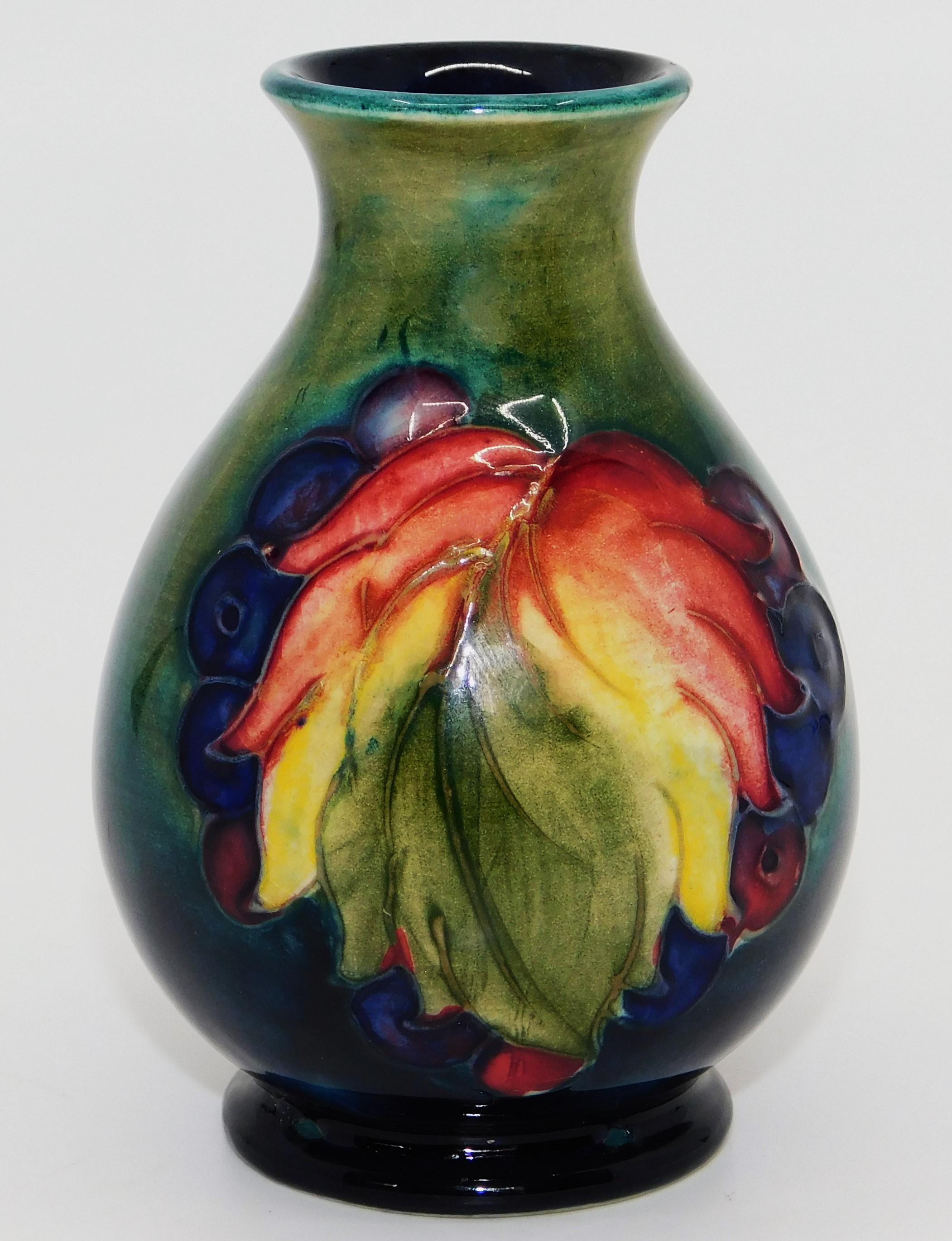 English Circa 1940 William Moorcroft Leaf and Berry Cobalt Art Pottery Vase England For Sale