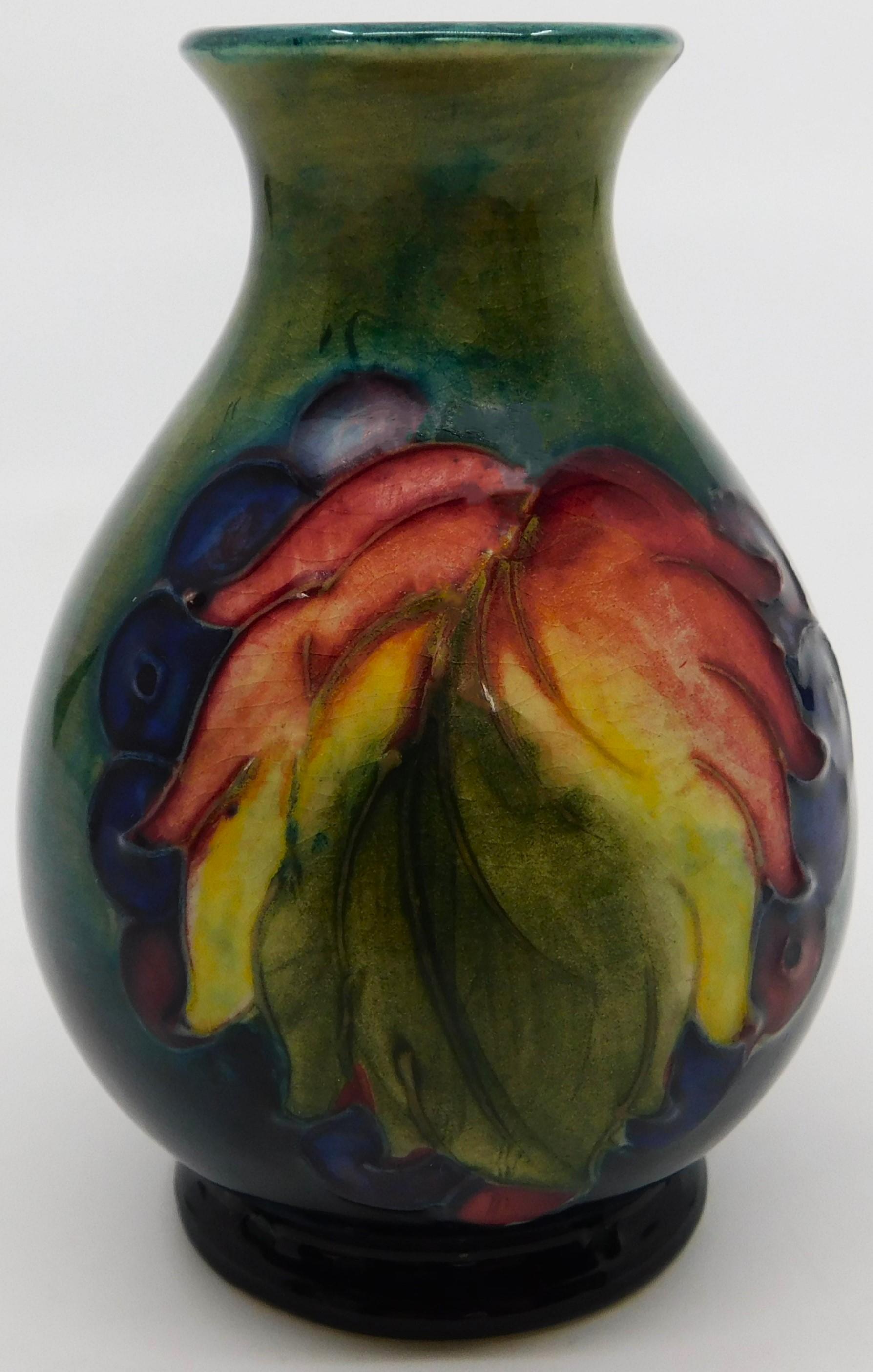 20th Century Circa 1940 William Moorcroft Leaf and Berry Cobalt Art Pottery Vase England For Sale