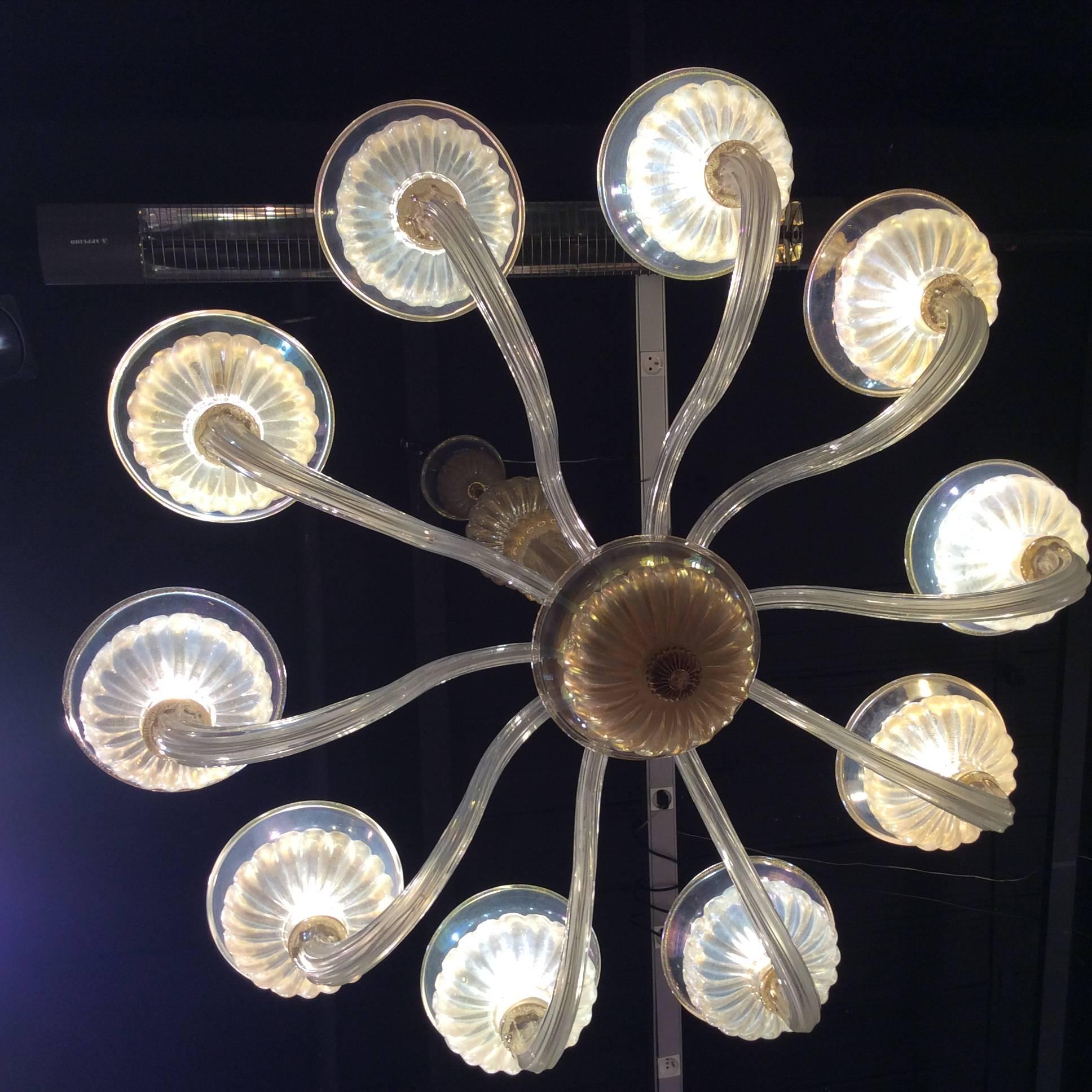 Art Deco Maison Veronese Chandelier Attributed to André Arbus, Opaline Glass, circa 1940 For Sale