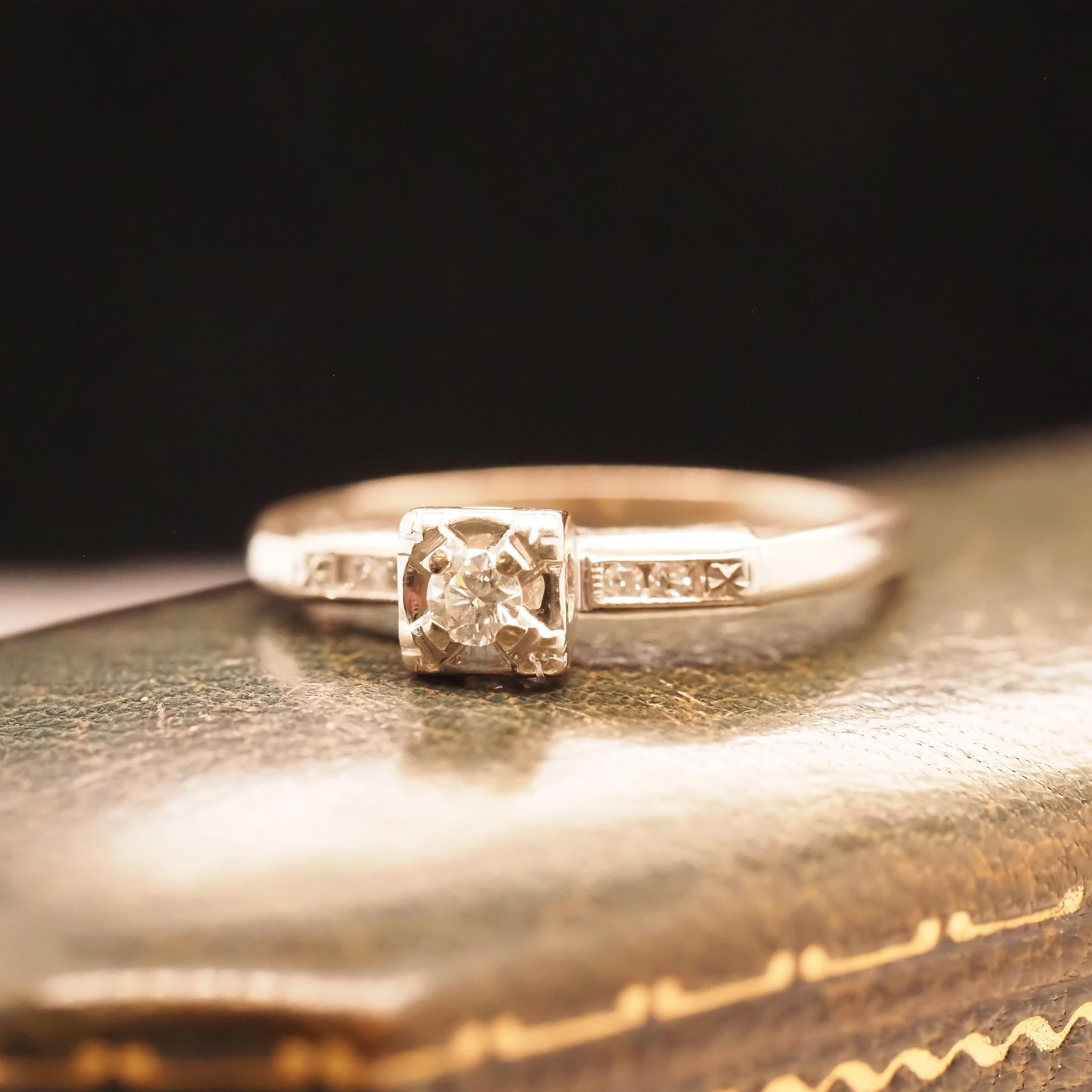 Old European Cut Circa 1940s 14K White Gold .15ct Diamond Engagement Ring For Sale