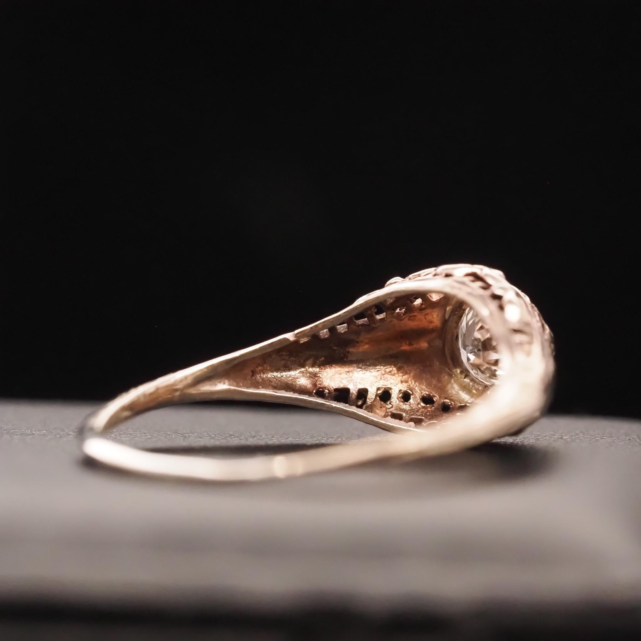 Women's Circa 1940s 14K White Gold Filigree .40ct Old European Brilliant Engagement Ring For Sale