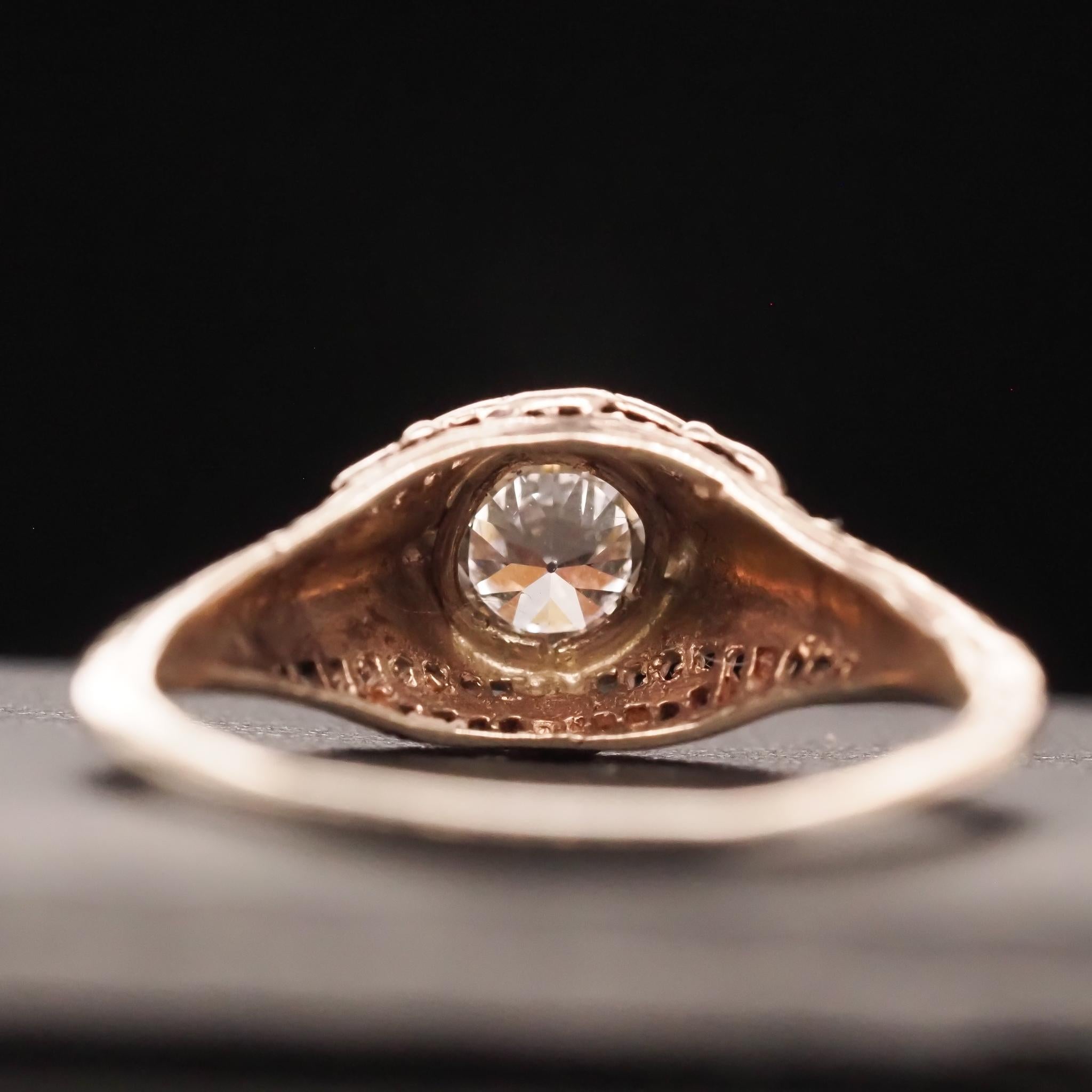 Circa 1940s 14K White Gold Filigree .40ct Old European Brilliant Engagement Ring For Sale 1