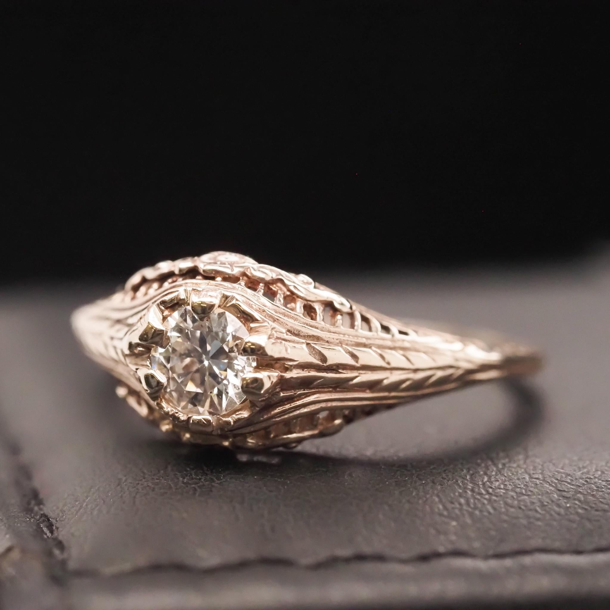 Circa 1940s 14K White Gold Filigree .40ct Old European Brilliant Engagement Ring For Sale 3