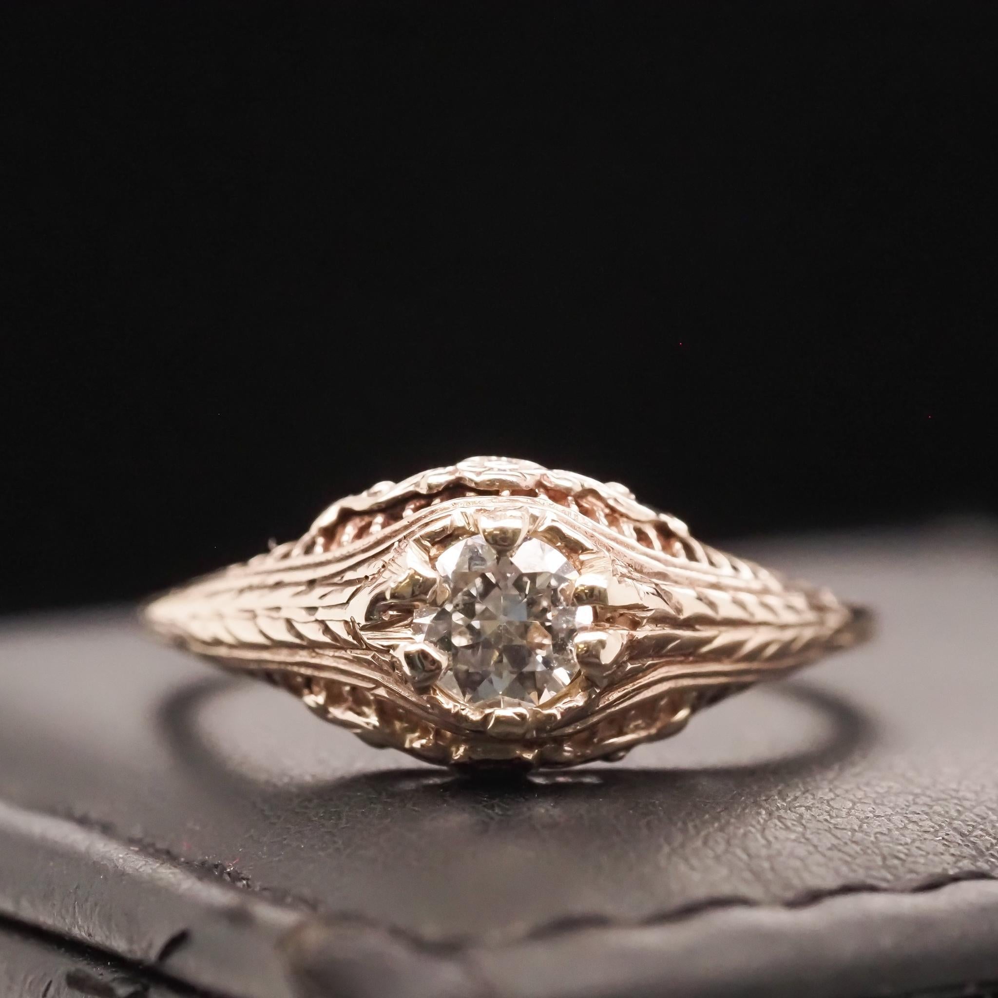 Circa 1940s 14K White Gold Filigree .40ct Old European Brilliant Engagement Ring For Sale 4