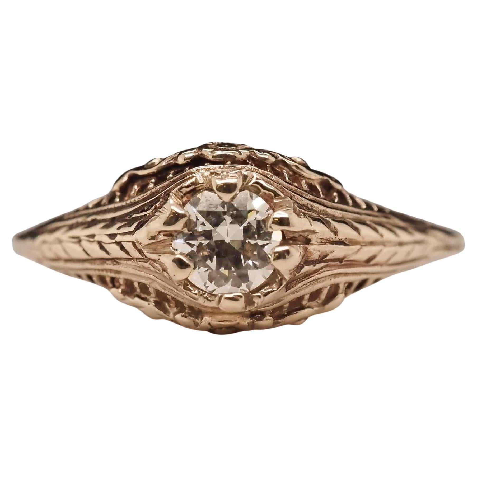 Circa 1940s 14K White Gold Filigree .40ct Old European Brilliant Engagement Ring For Sale