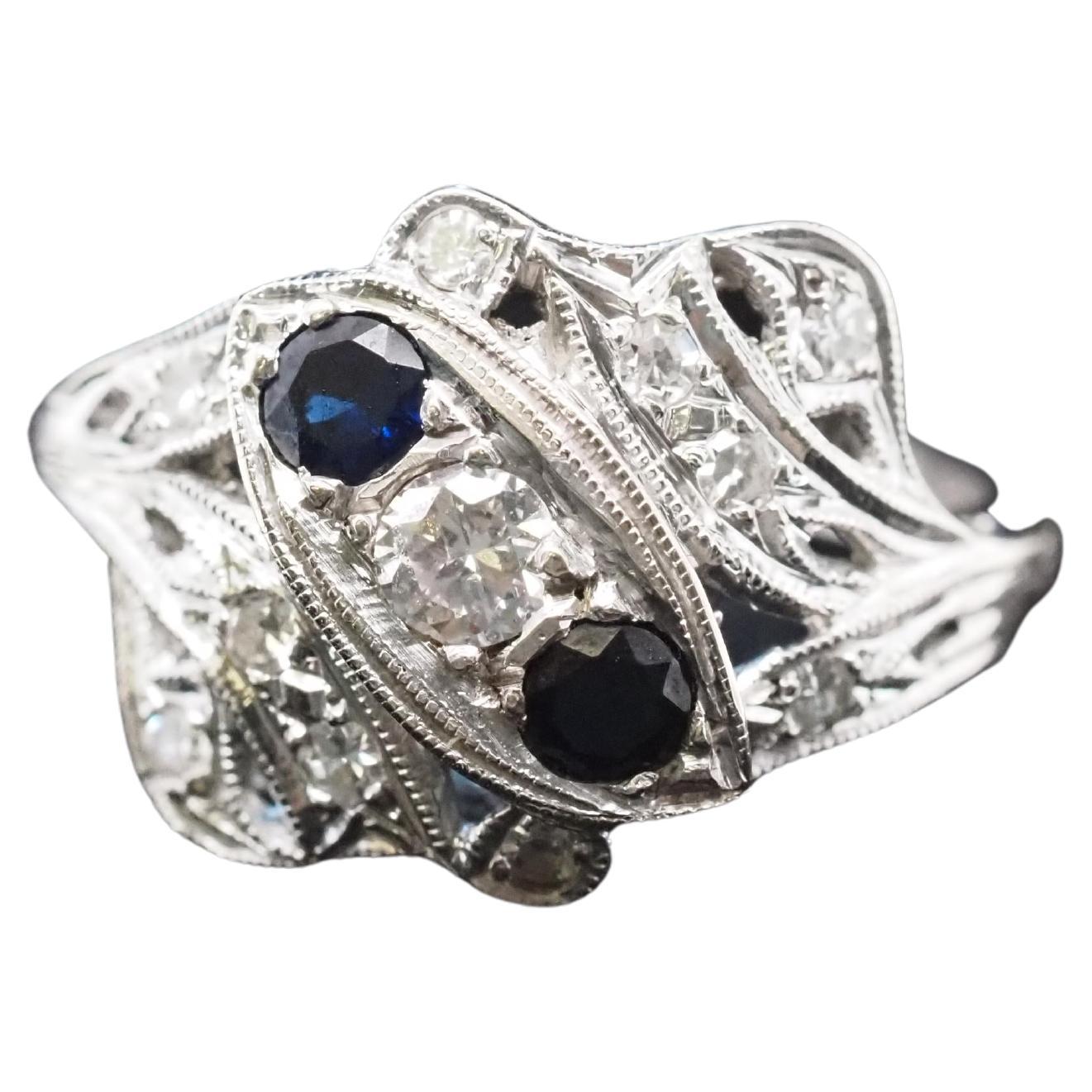 Circa 1940s 14K White Gold Sapphire and Diamond Ring