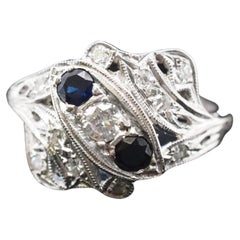 Circa 1940s 14K White Gold Sapphire and Diamond Ring