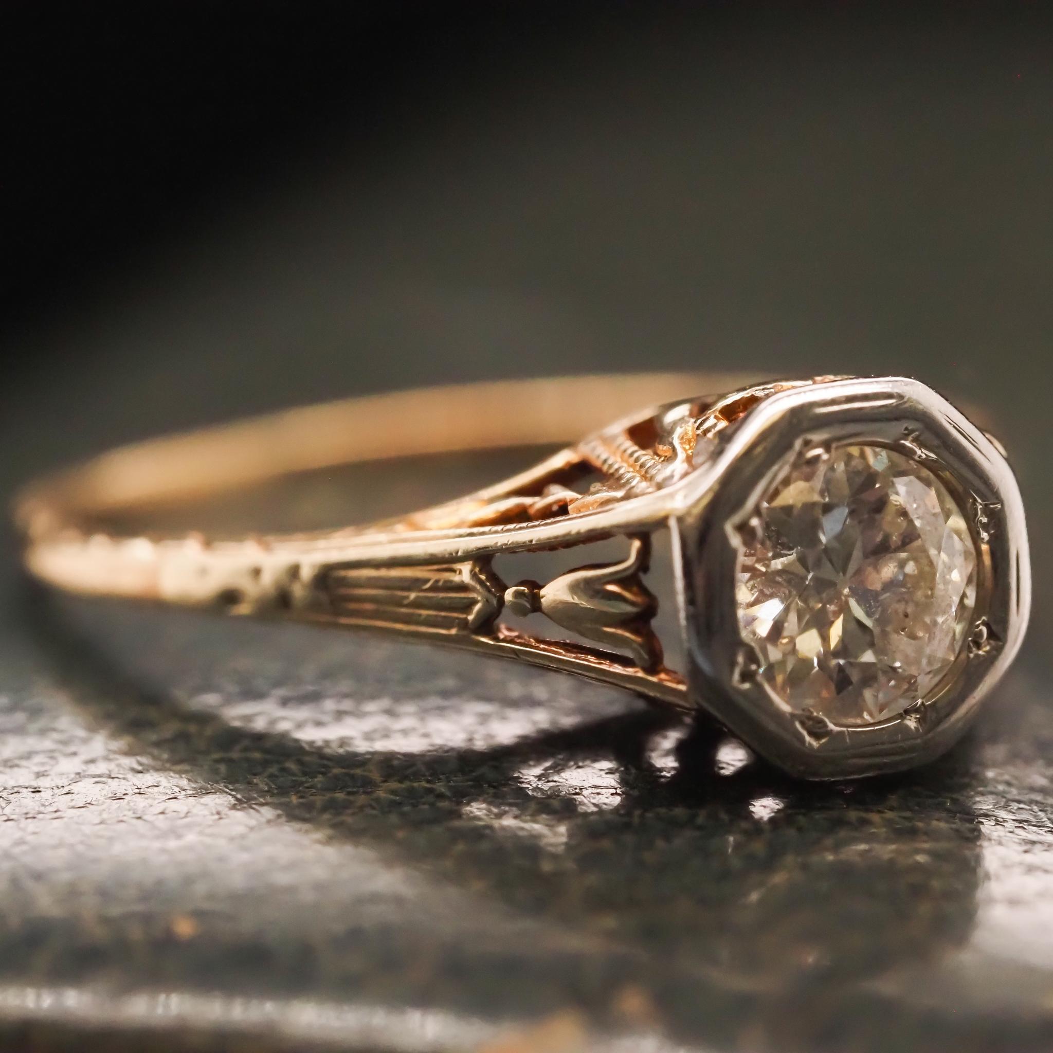 Circa 1940s 14K Yellow Gold .50ct Old European Diamond Engagement Ring For Sale 2