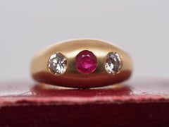 14k Yellow Gold Ruby and Diamond Three Stone Ring, circa 1940s