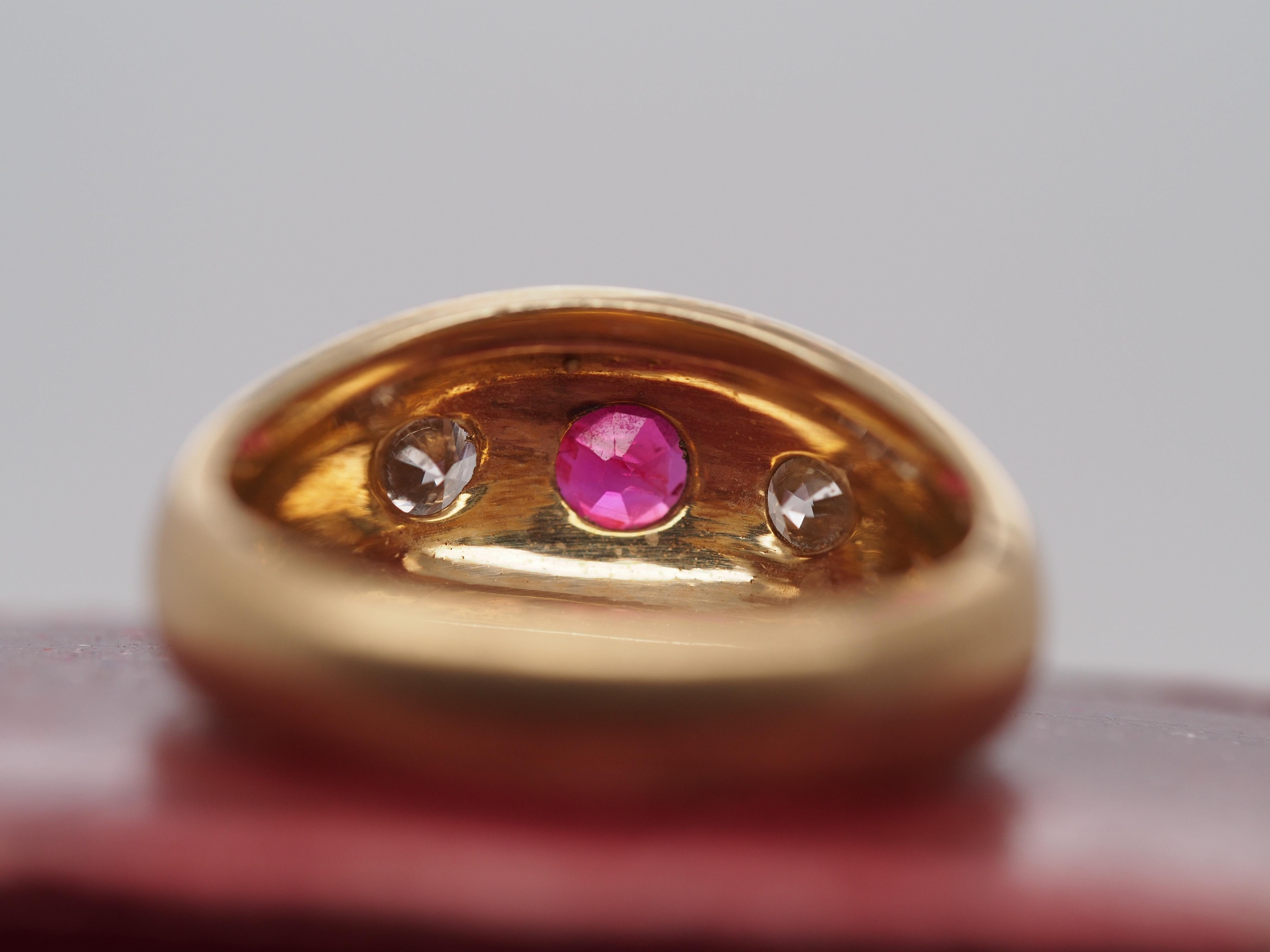 Round Cut 14k Yellow Gold Ruby and Diamond Three Stone Ring, circa 1940s For Sale