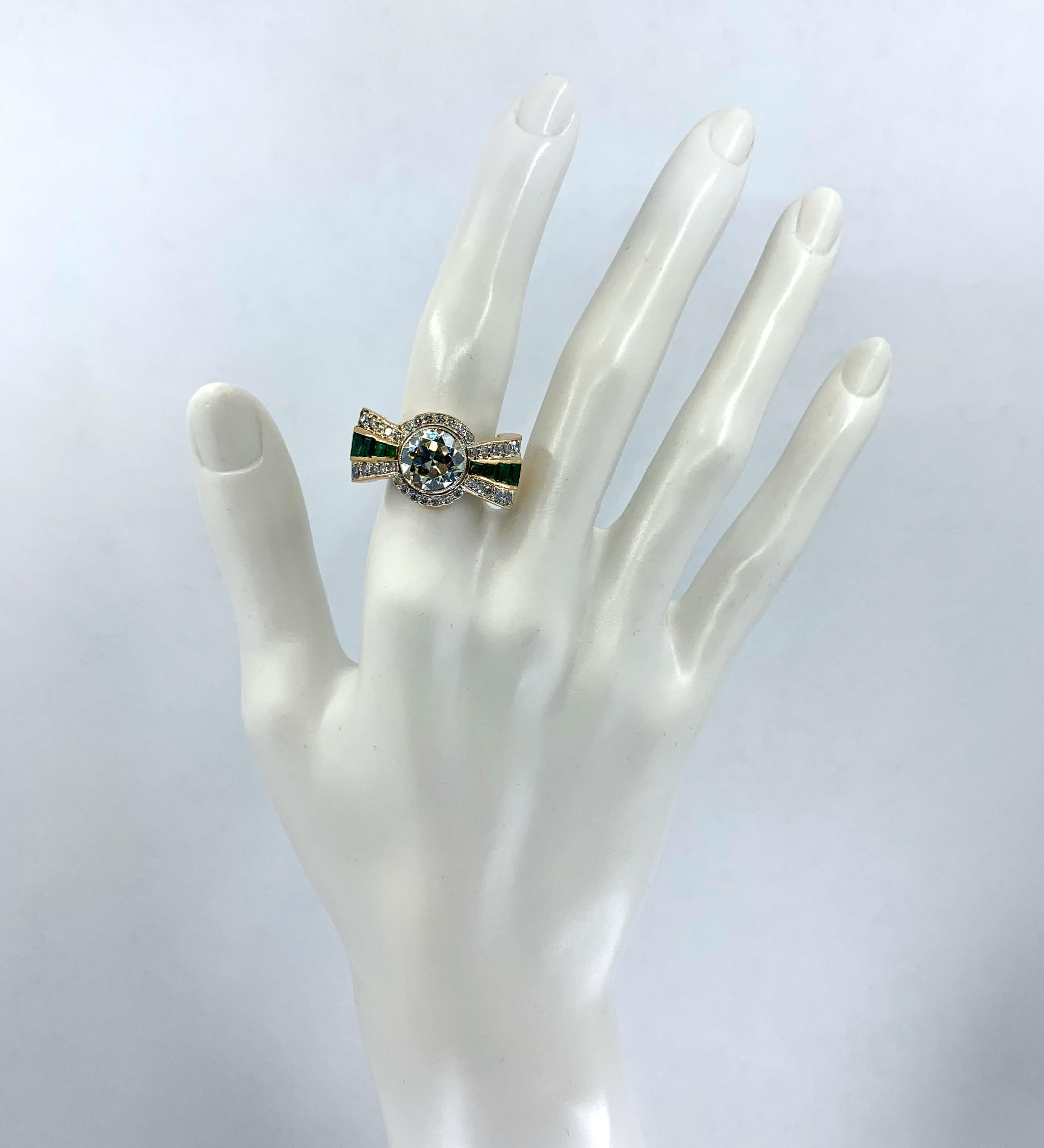 Art Deco 3.45 Carat Diamond Bowtie Tank Ring with Emeralds in 15 Karat Yellow Gold