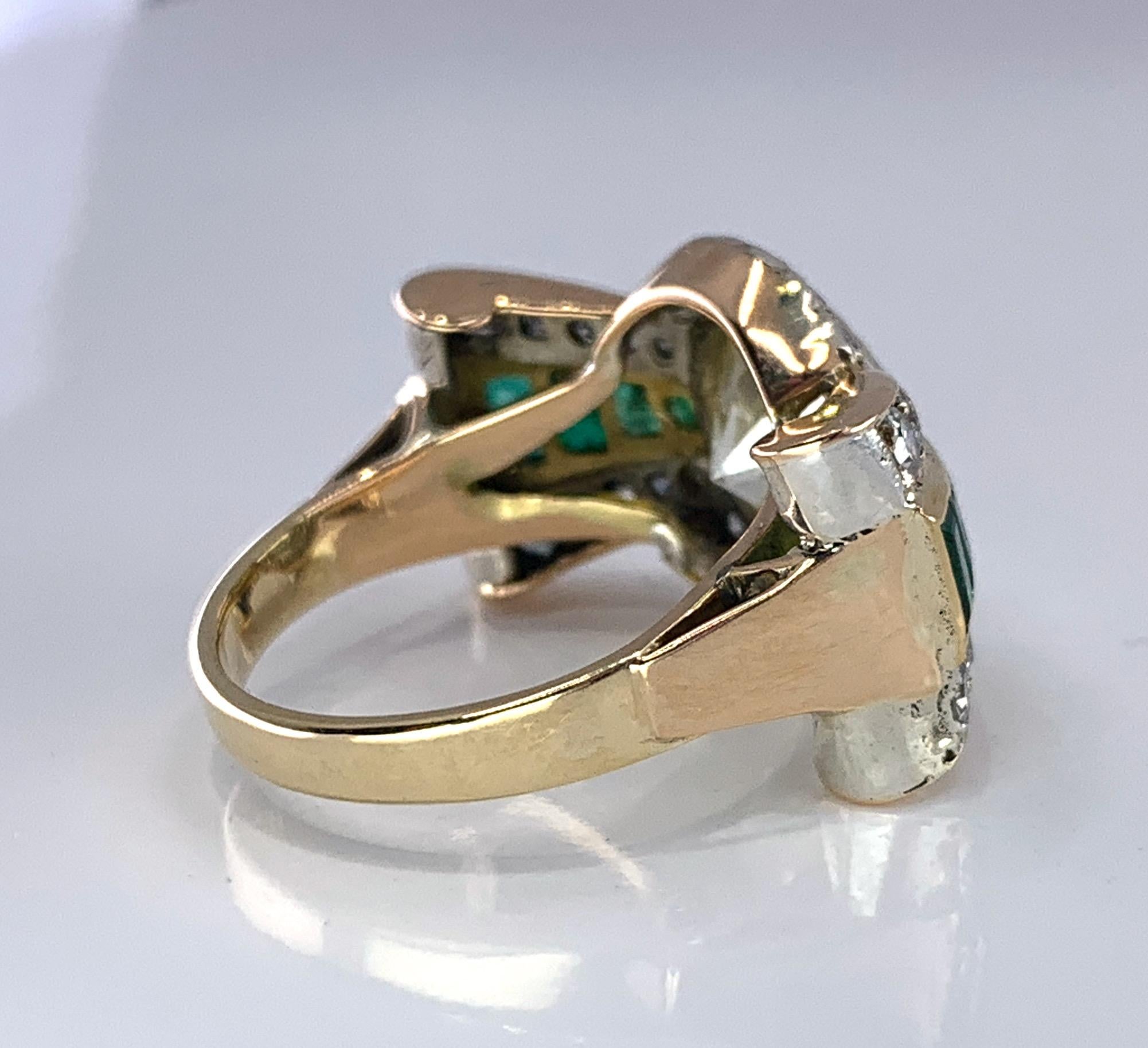3.45 Carat Diamond Bowtie Tank Ring with Emeralds in 15 Karat Yellow Gold In Good Condition In Sherman Oaks, CA
