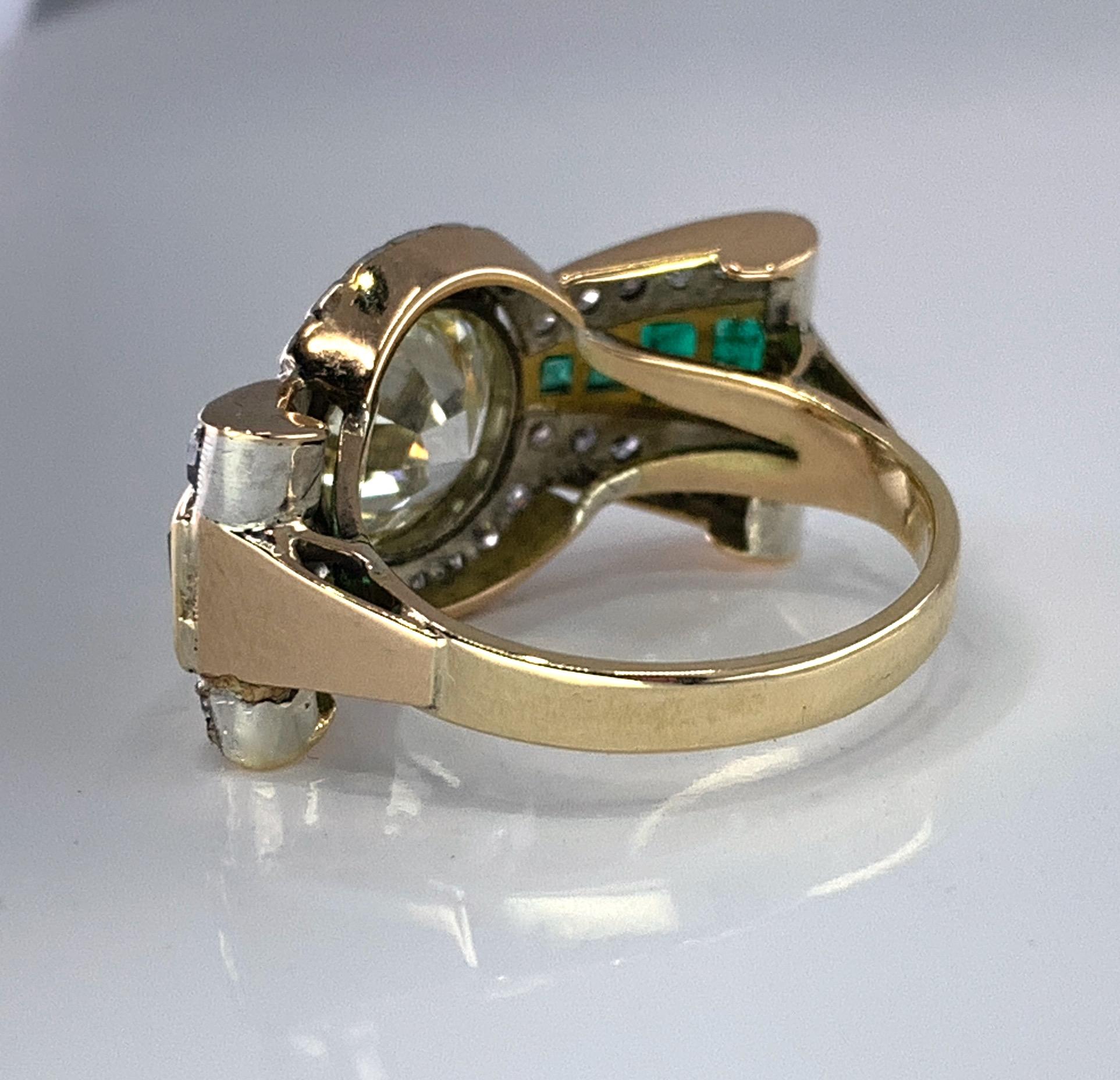 Women's 3.45 Carat Diamond Bowtie Tank Ring with Emeralds in 15 Karat Yellow Gold