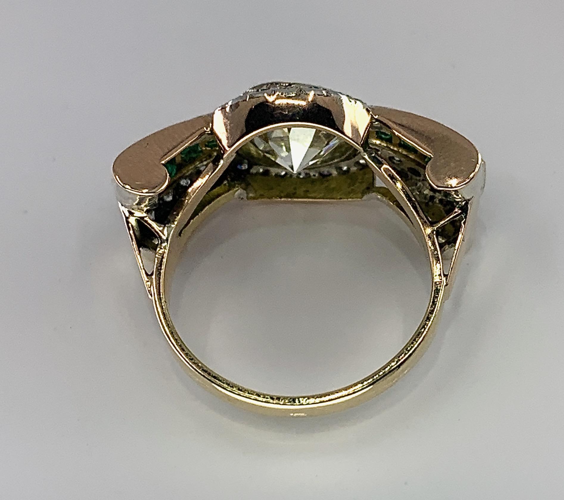3.45 Carat Diamond Bowtie Tank Ring with Emeralds in 15 Karat Yellow Gold 1
