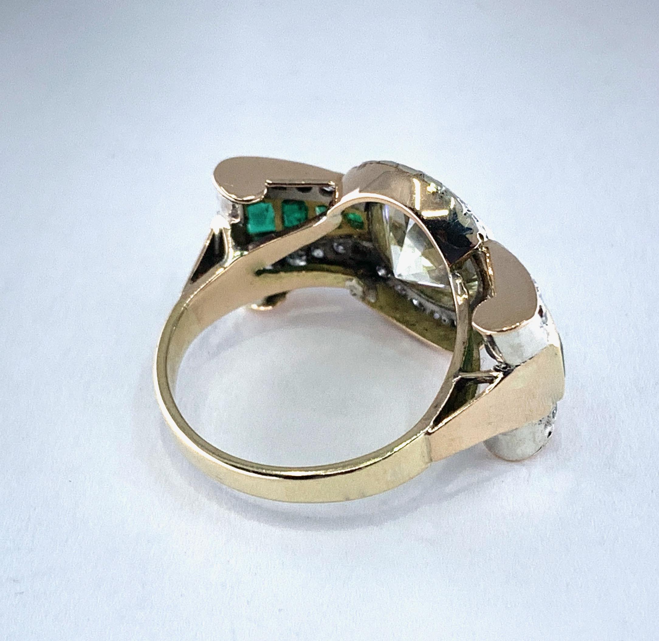 3.45 Carat Diamond Bowtie Tank Ring with Emeralds in 15 Karat Yellow Gold 2