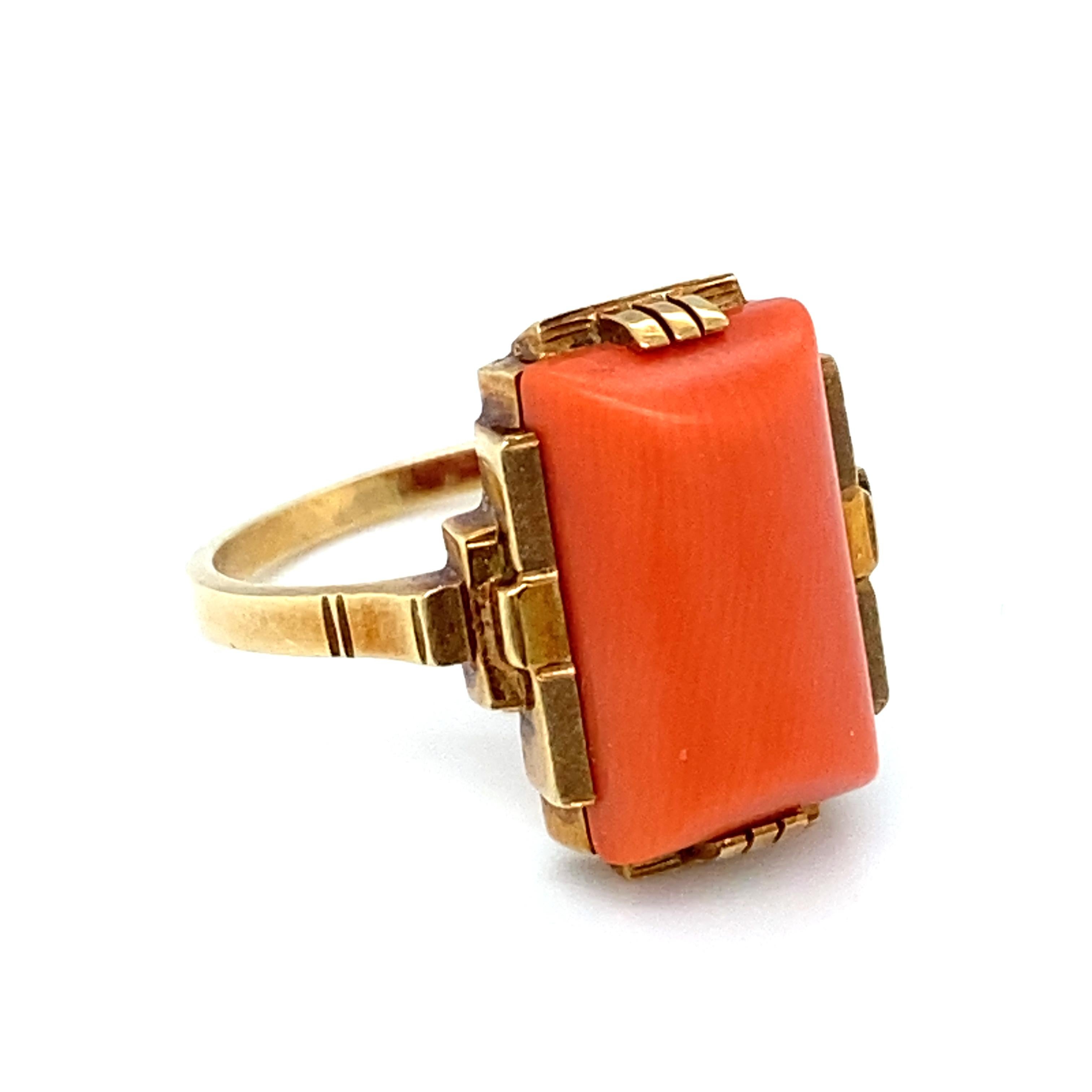 Women's or Men's Circa 1940s Art Deco Style Rectangular Coral Ring in 14 Karat Yellow Gold For Sale