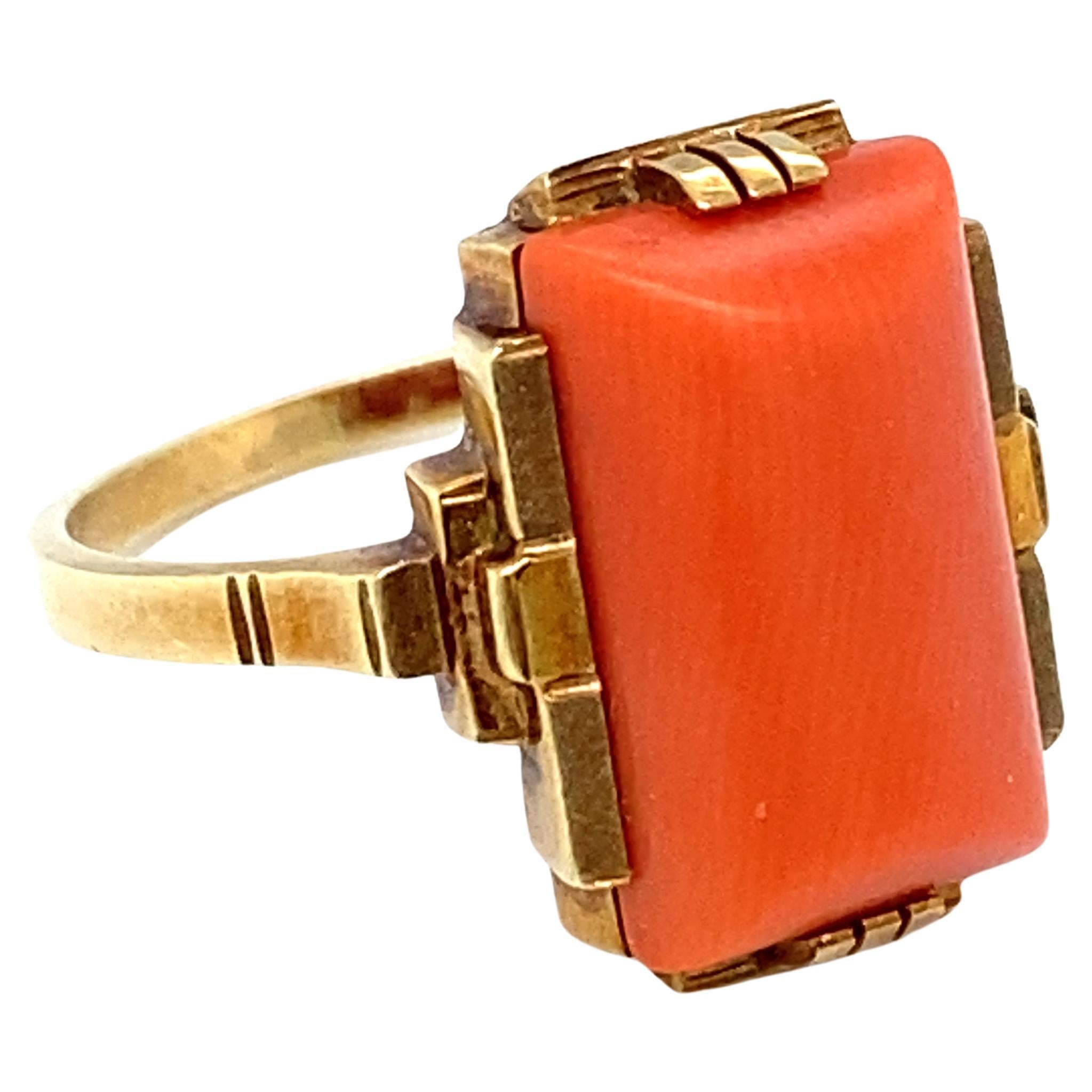 Circa 1940s Art Deco Style Rectangular Coral Ring in 14 Karat Yellow Gold