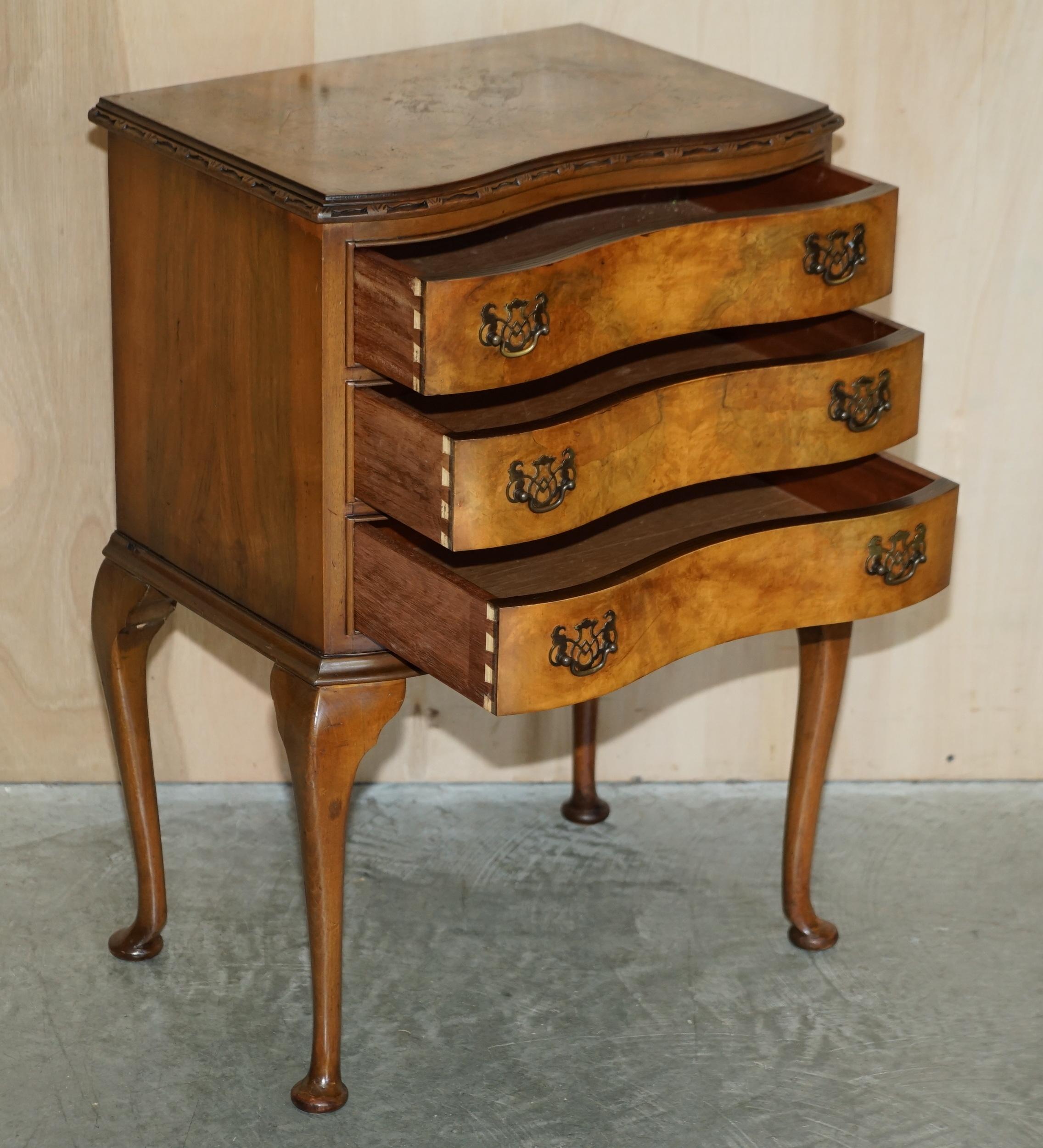 circa 1940's Burr Walnut Serpentine Fronted Bedside Side Table Chest of Drawers 4