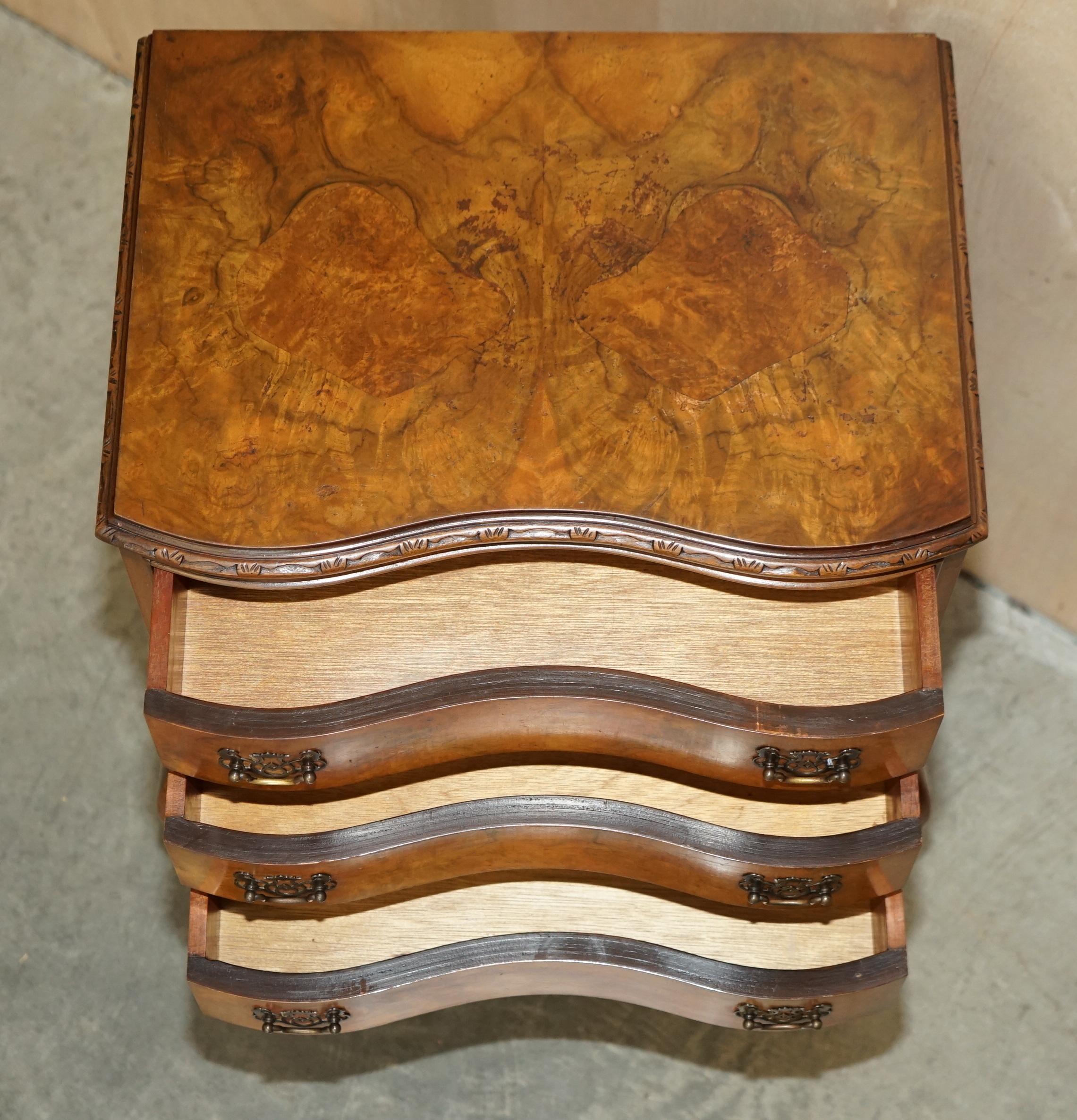 circa 1940's Burr Walnut Serpentine Fronted Bedside Side Table Chest of Drawers 6