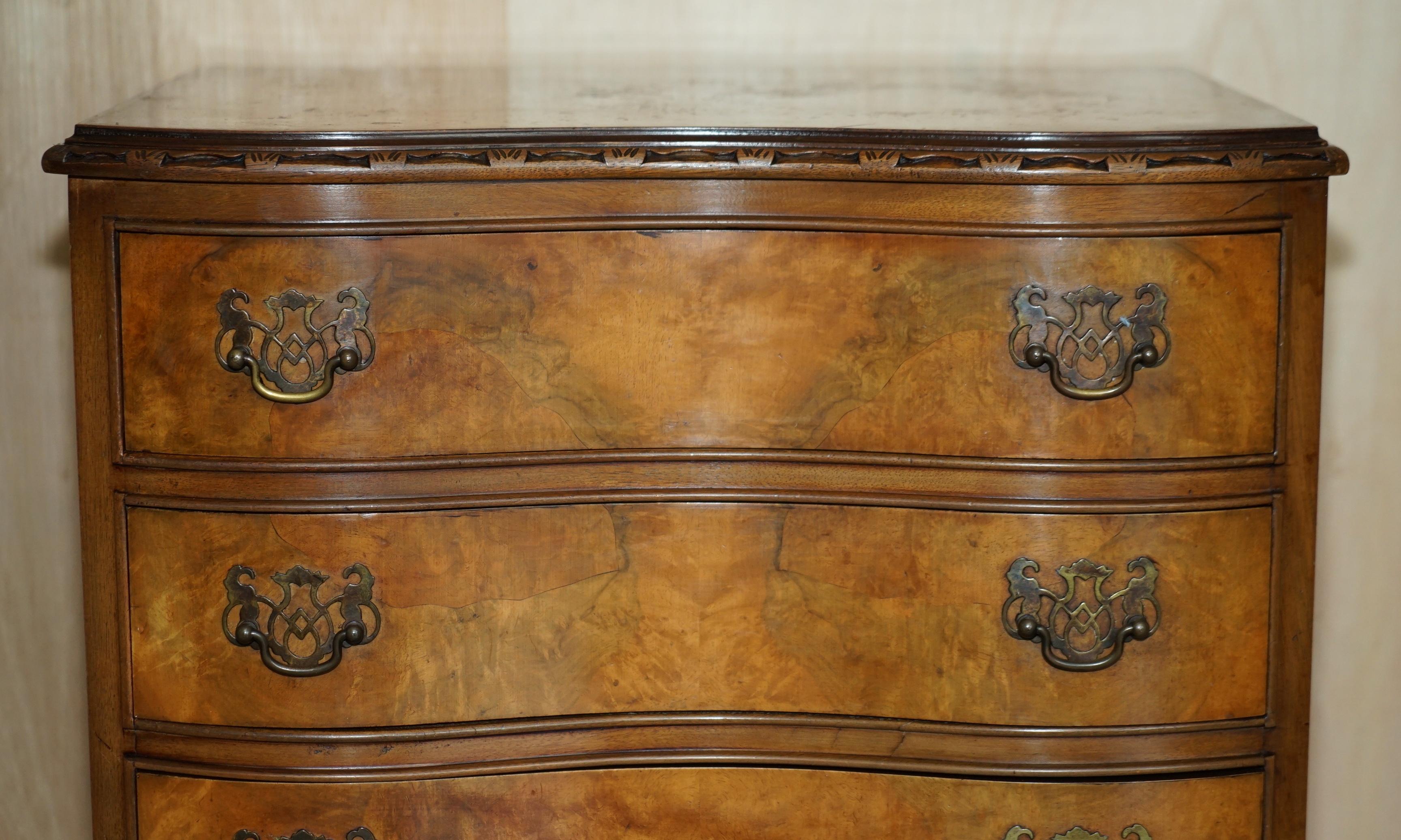 Art Deco circa 1940's Burr Walnut Serpentine Fronted Bedside Side Table Chest of Drawers
