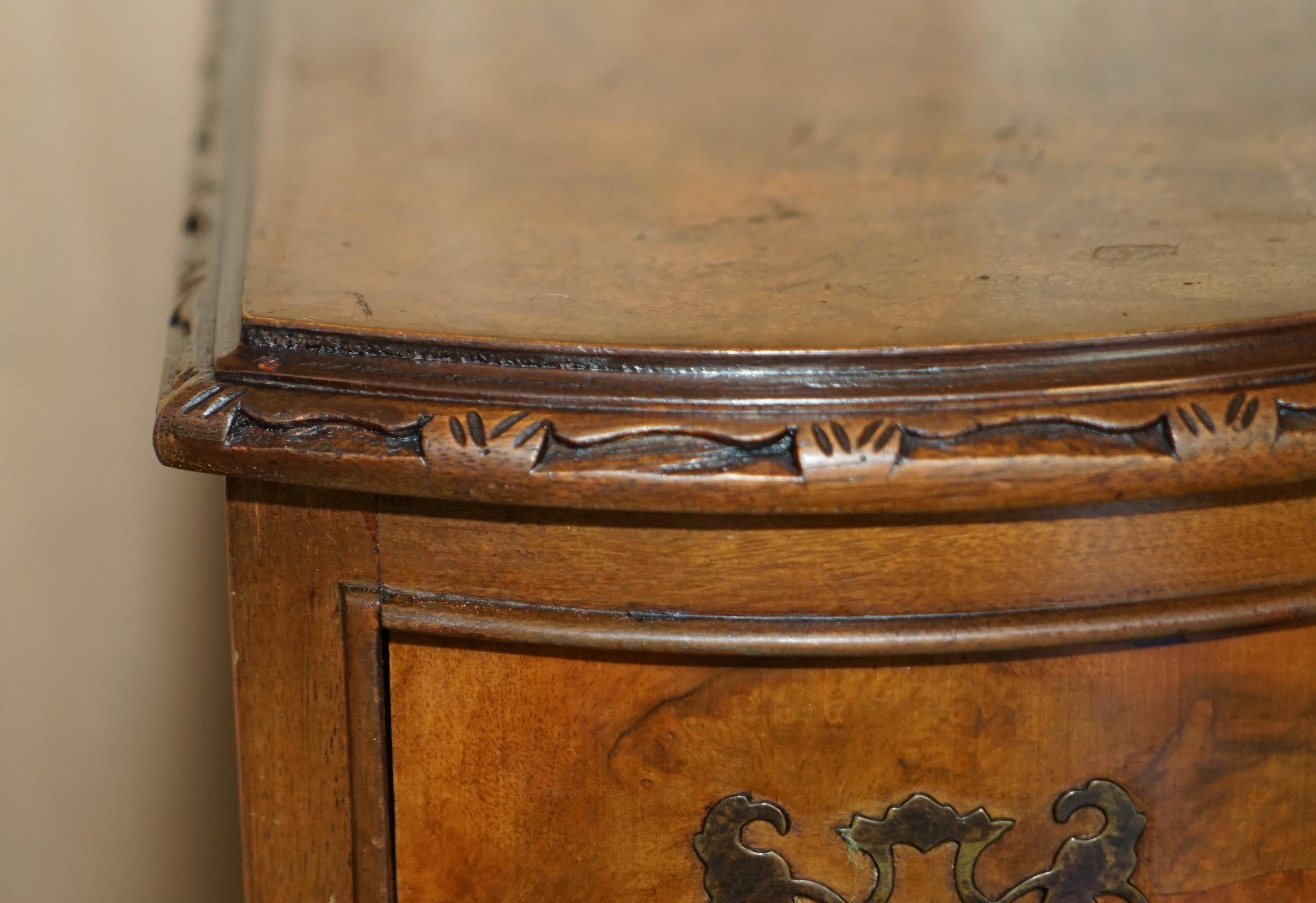 English circa 1940's Burr Walnut Serpentine Fronted Bedside Side Table Chest of Drawers