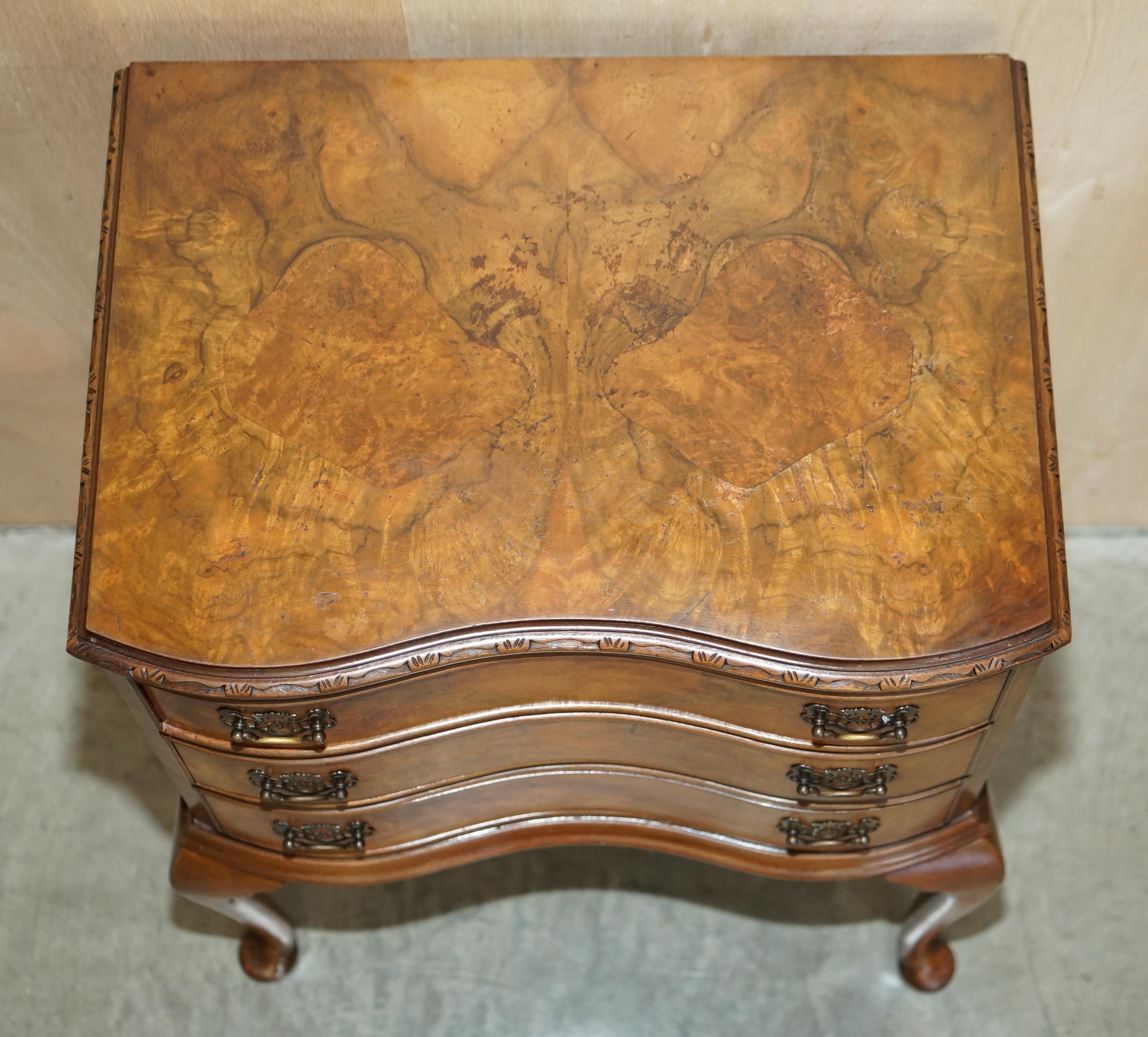 Mid-20th Century circa 1940's Burr Walnut Serpentine Fronted Bedside Side Table Chest of Drawers