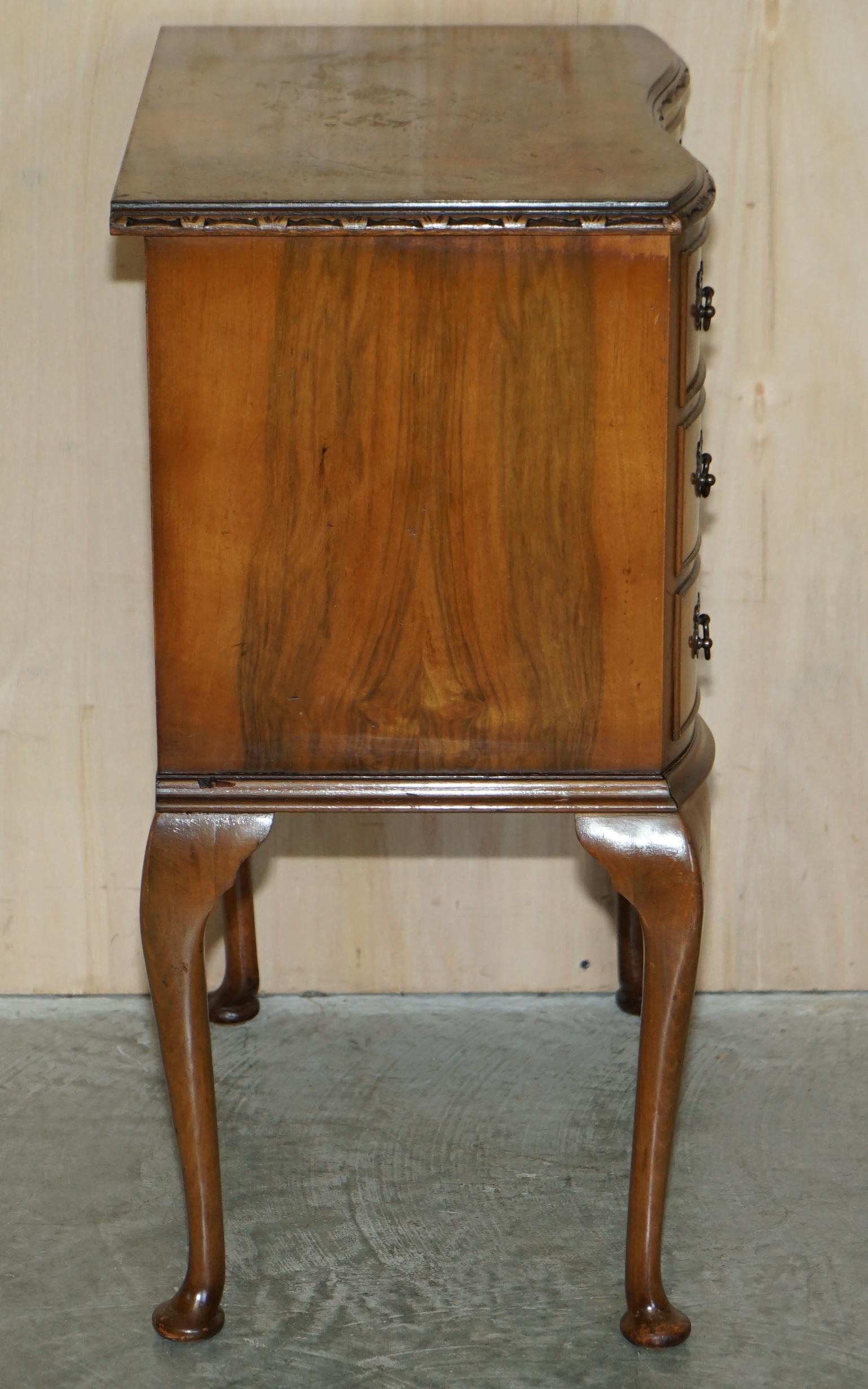 circa 1940's Burr Walnut Serpentine Fronted Bedside Side Table Chest of Drawers 1