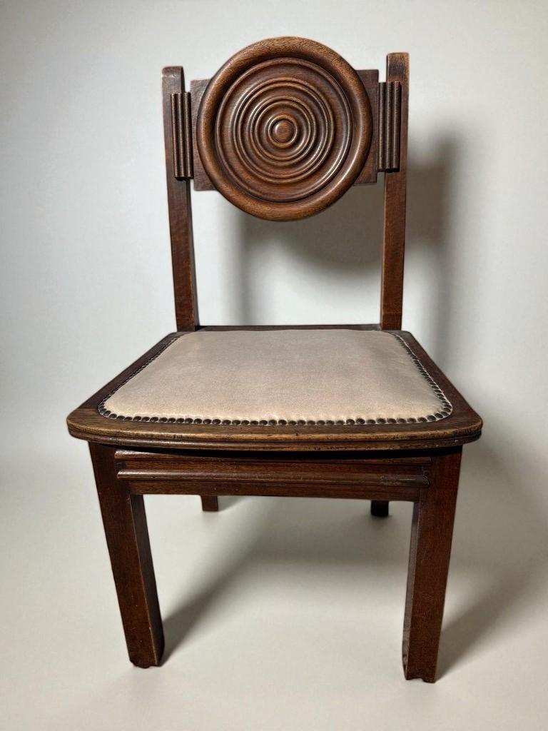 Art Deco Circa 1940s  Carved Dark Oak & Beige Velvet  Charles Dudouyt attributed For Sale
