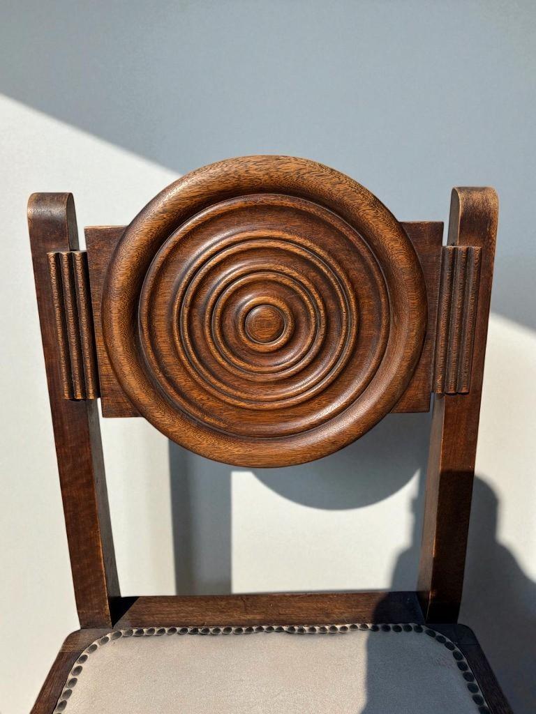 French Circa 1940s  Carved Dark Oak & Beige Velvet  Charles Dudouyt attributed For Sale