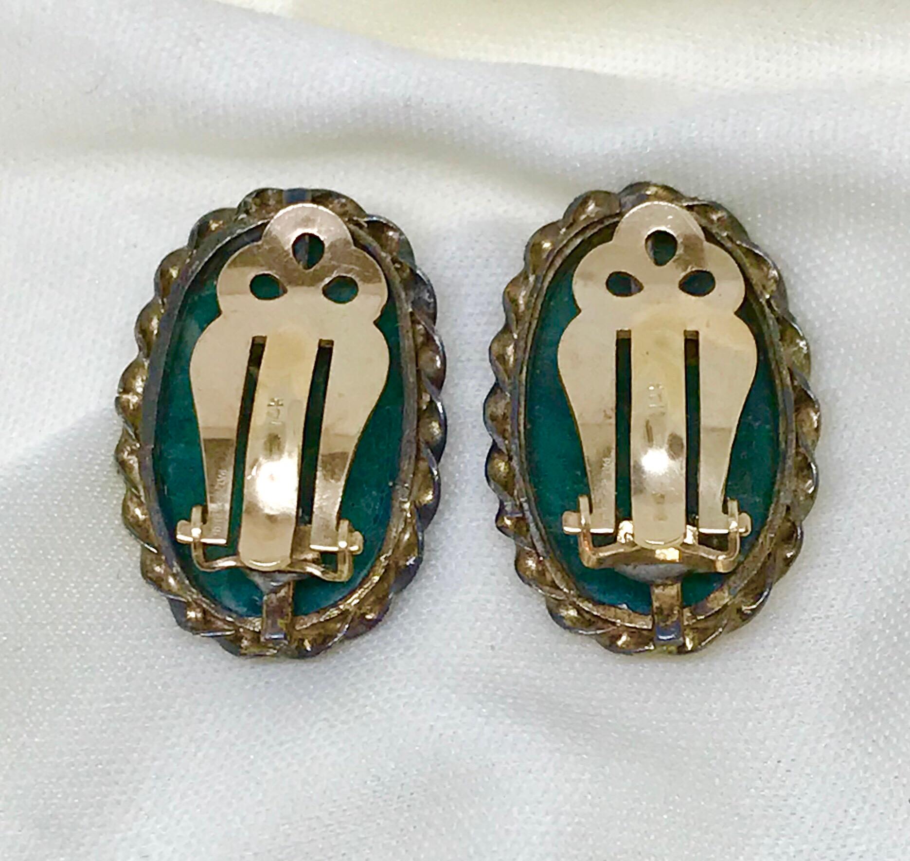 Women's Circa 1940s Carved Jade, Sterling and 14k Clip-Back Earrings For Sale