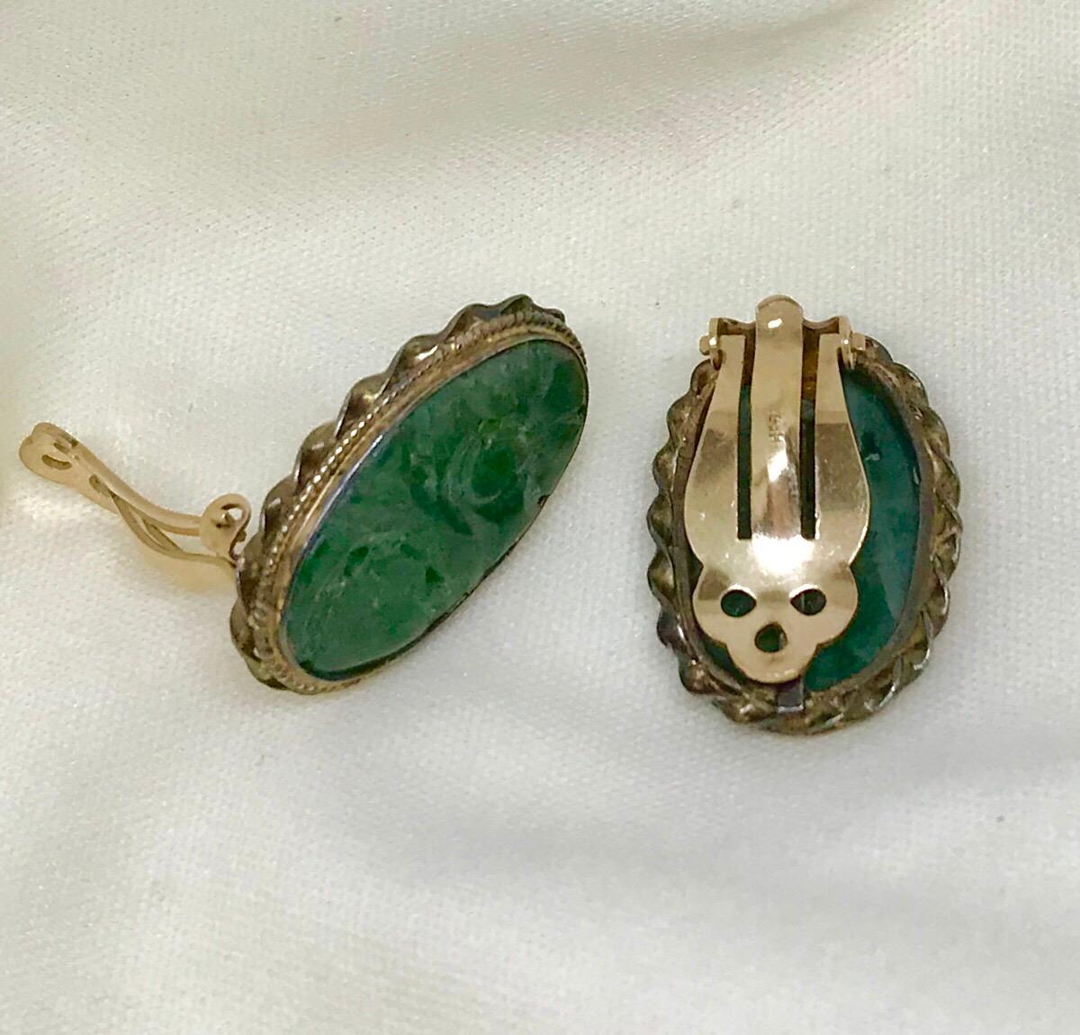 Circa 1940s Carved Jade, Sterling and 14k Clip-Back Earrings For Sale 1