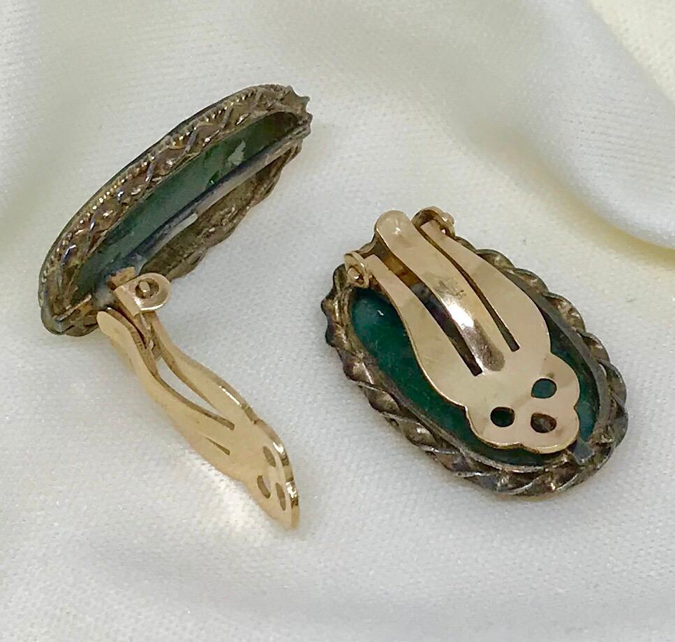 Circa 1940s Carved Jade, Sterling and 14k Clip-Back Earrings For Sale 2