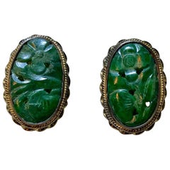 Circa 1940s Carved Jade, Sterling and 14k Clip-Back Earrings