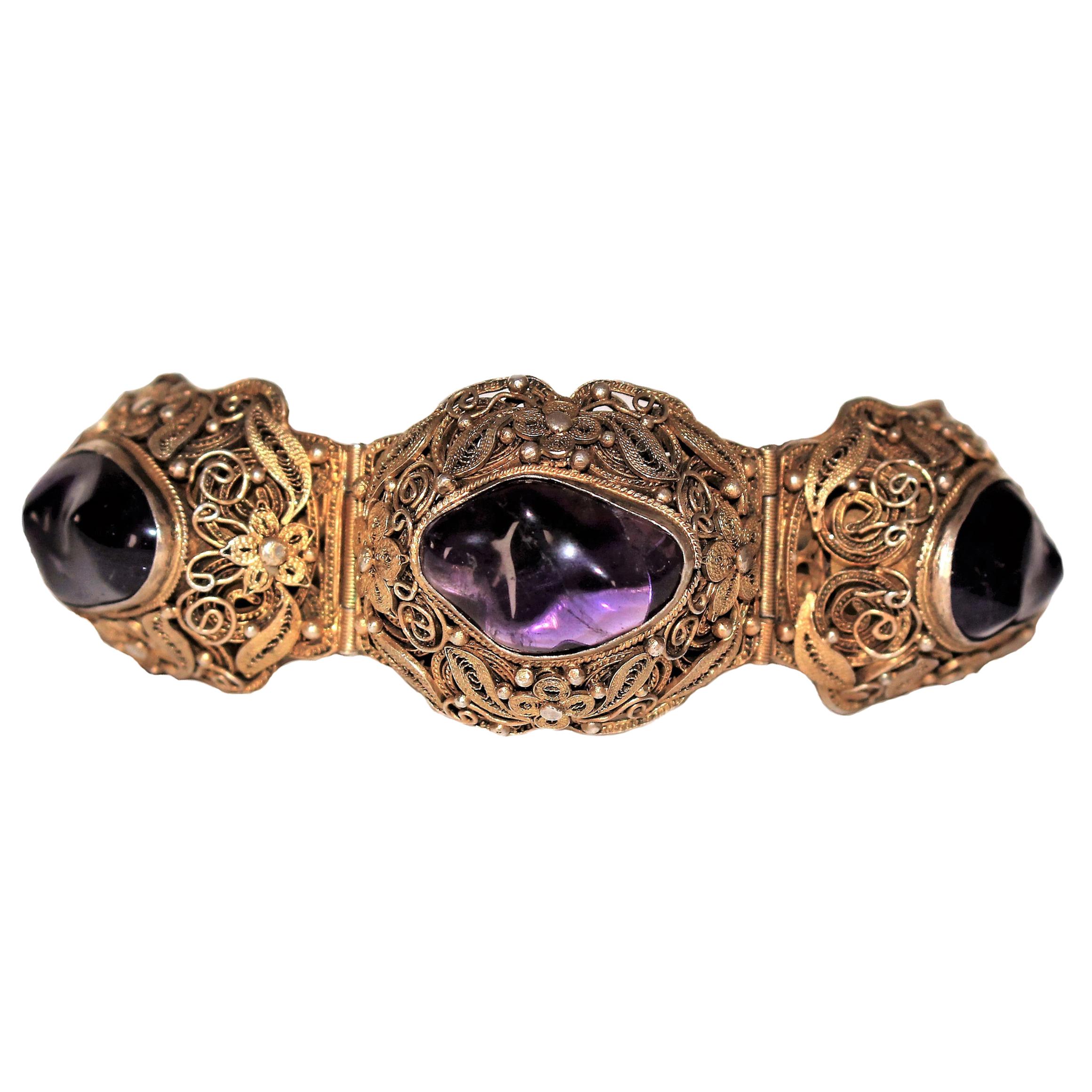 Circa 1940s Chinese Gold-Plated Sterling Silver Amethyst Bracelet For Sale