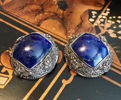 Circa 1940s Chinese Sterling Silver and Lapis Cabochon Earrings