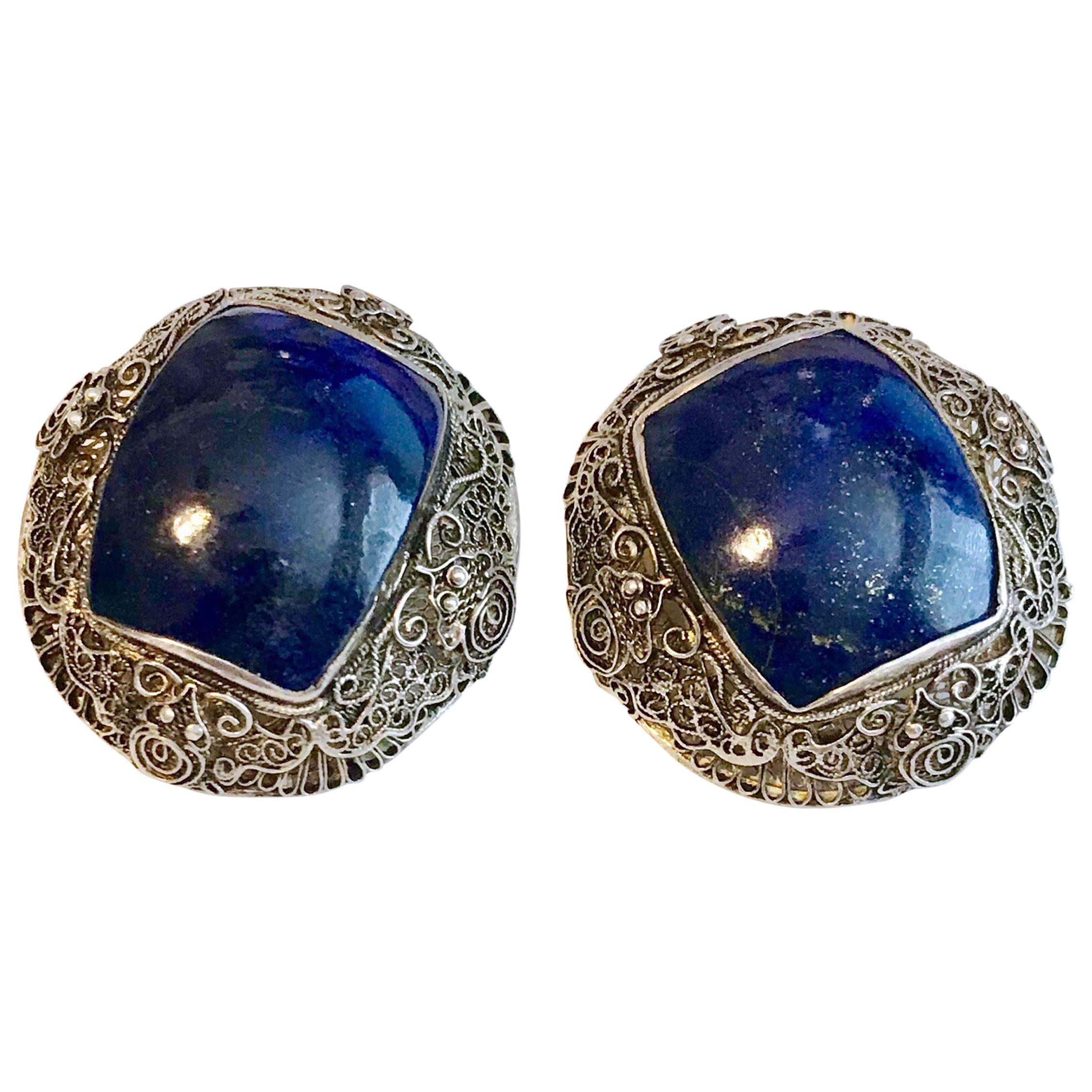 Circa 1940s Chinese Sterling Silver and Lapis Cabochon Earrings For Sale