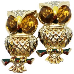 Circa 1940s Coro Craft Duette Yellow and Goldtone Owl Brooch/Clips