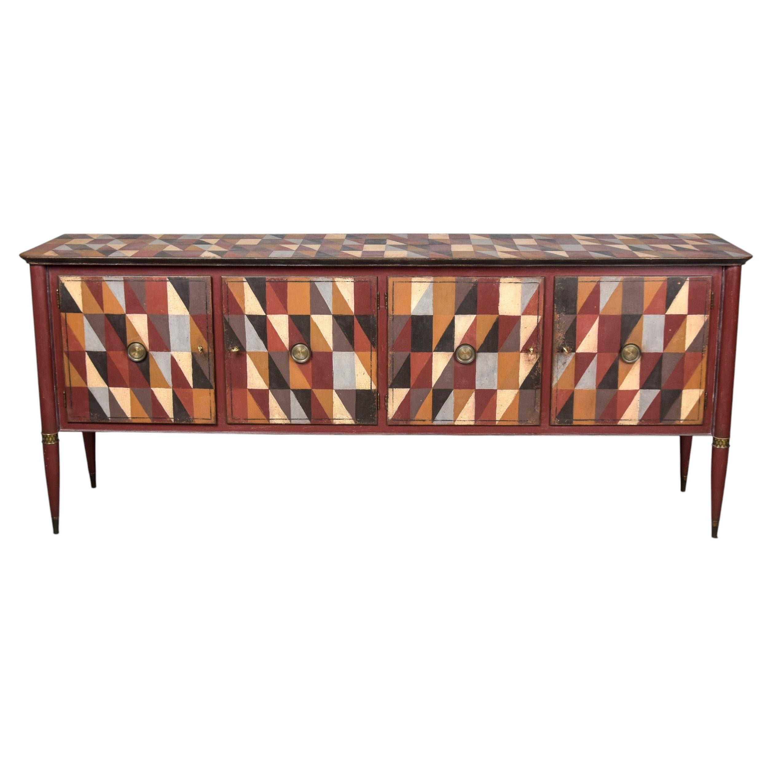 Circa 1940s English Console Cabinet with Original Harlequin Painted Finish For Sale