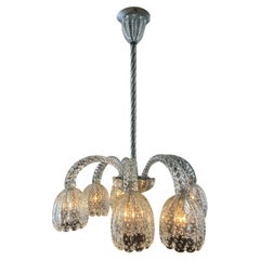 Circa 1940's Ercole Barovier Murano Bulicante Glass 6 Tulip Chandelier