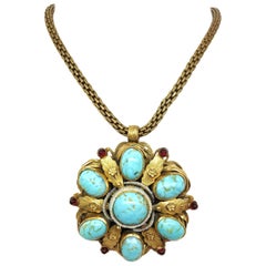 Circa 1940s Ernest Steiner Blue and Gold Jeweled Pendant Necklace