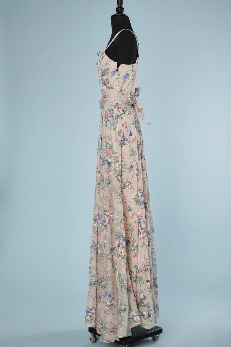 Circa 1940's flower print cotton organdy long cocktail dress  For Sale 1