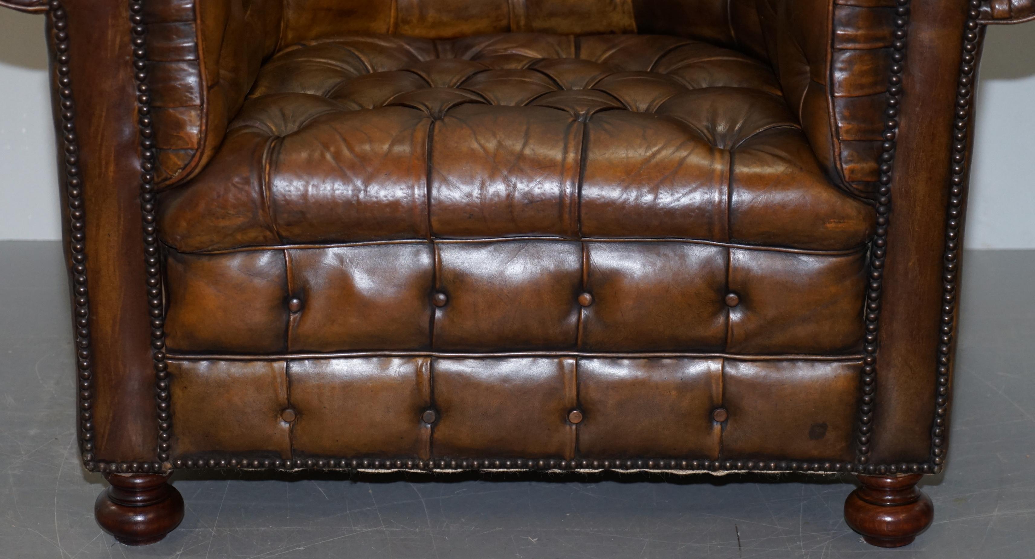 Hand Dyed Brown Leather Fully Buttoned Chesterfield Club Armchair, circa 1940s 5