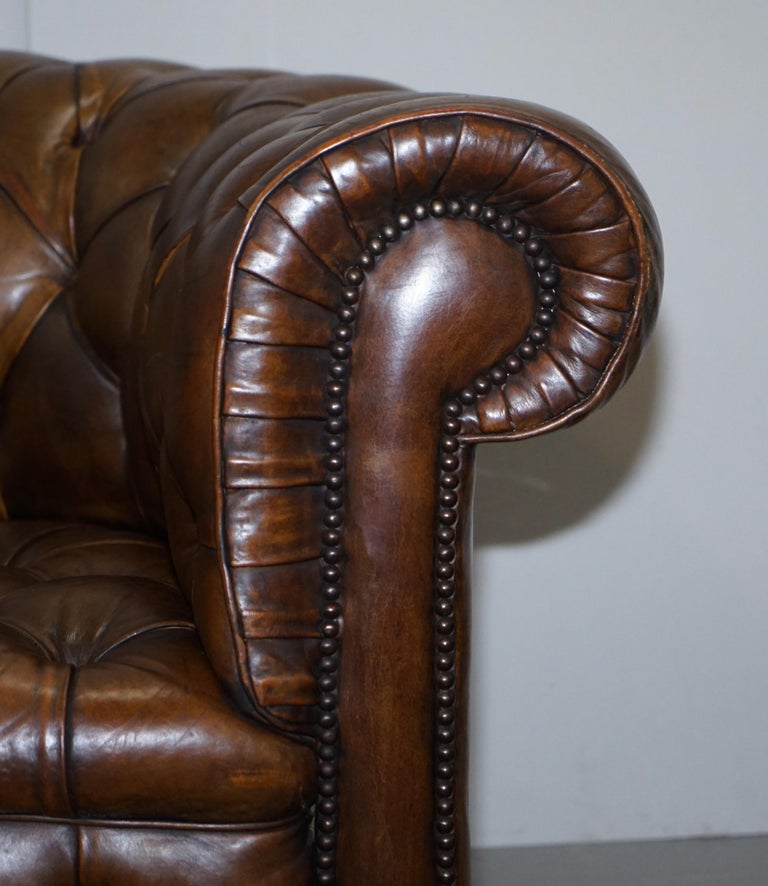 Hand Dyed Brown Leather Fully Buttoned Chesterfield Club Armchair, circa 1940s 8
