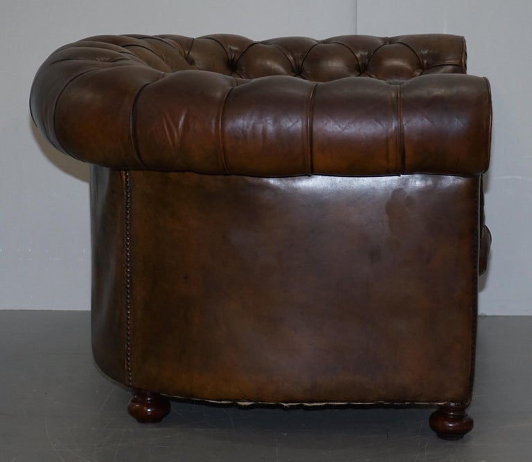 Hand Dyed Brown Leather Fully Buttoned Chesterfield Club Armchair, circa 1940s 10