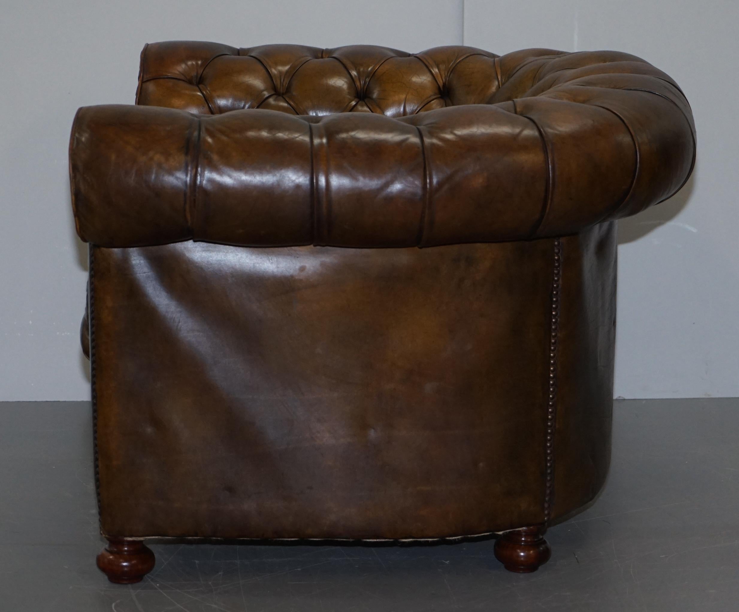 Hand Dyed Brown Leather Fully Buttoned Chesterfield Club Armchair, circa 1940s 11