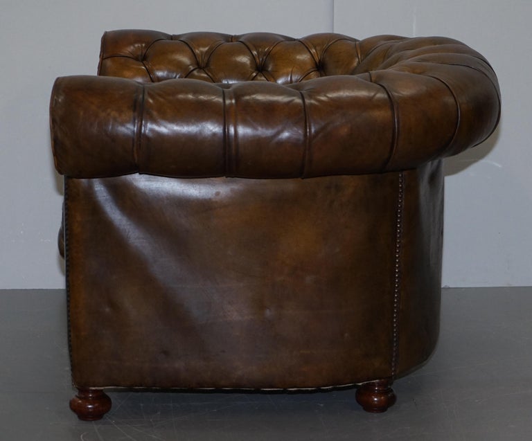 Hand Dyed Brown Leather Fully Buttoned Chesterfield Club Armchair, circa 1940s 12